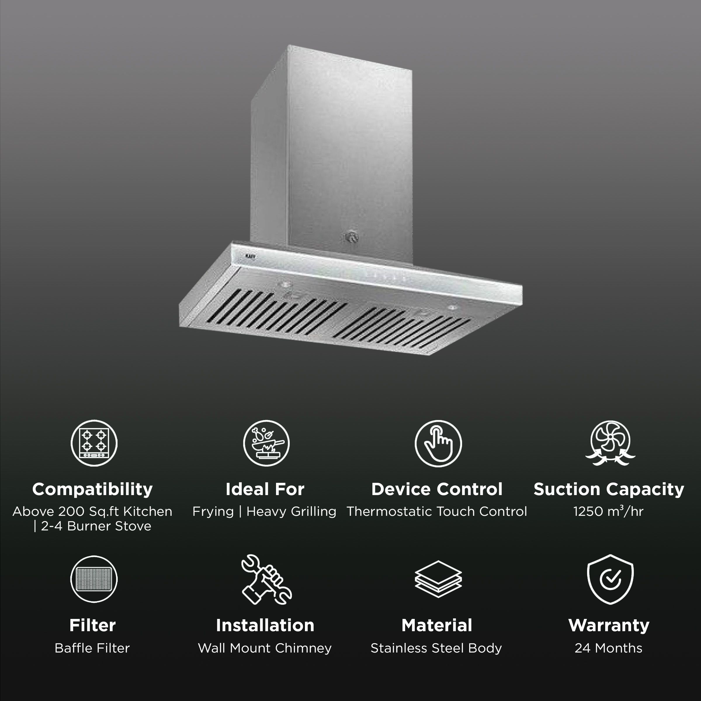 KAFF VISTOSI DHC 60cm 1250m3/hr Ducted Auto Clean Wall Mounted Chimney with Thermostatic Touch Control Panel (Steel)_2