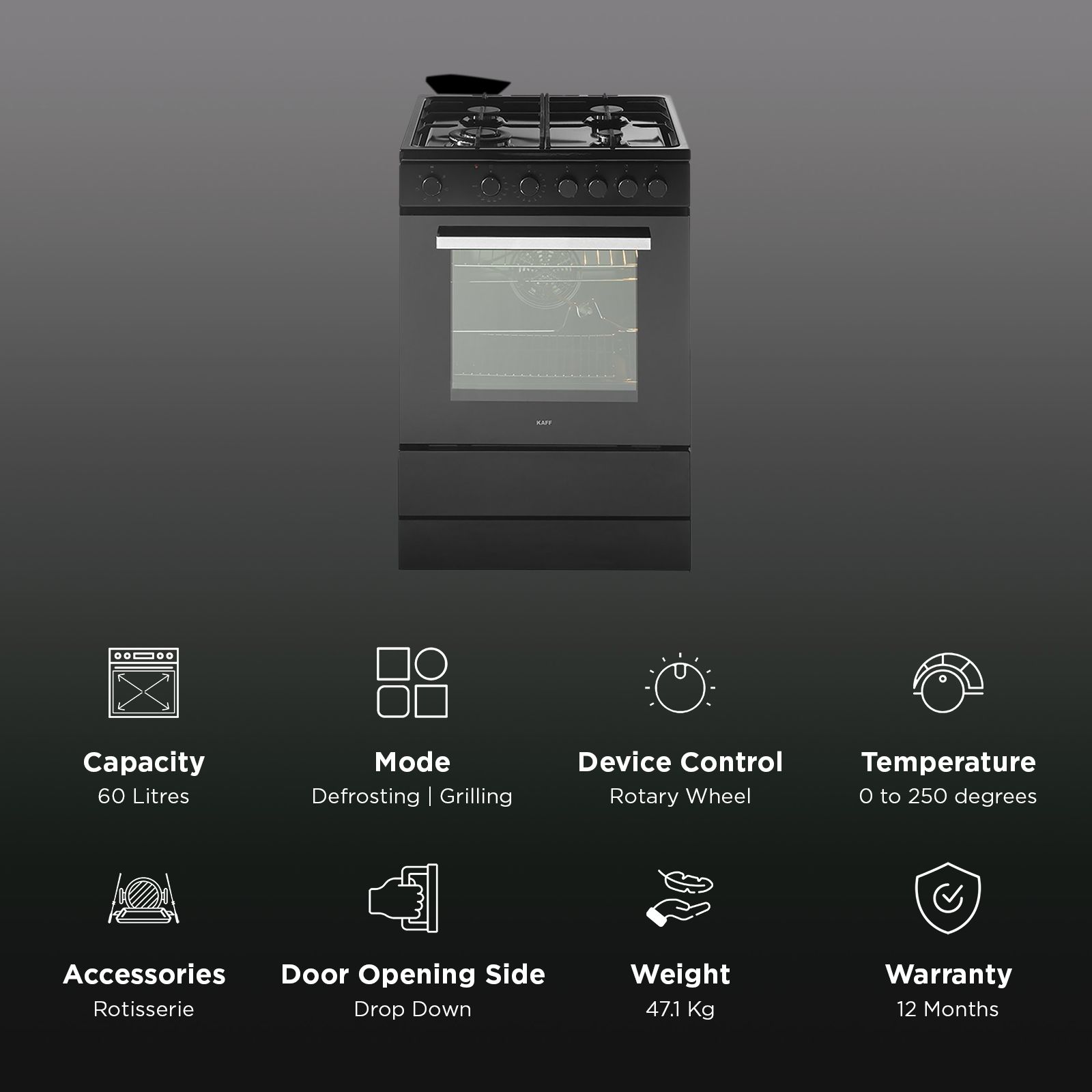 KAFF 60 Litres 4 Burner Cooking Range with Electric Oven (KAB60, Black)_3