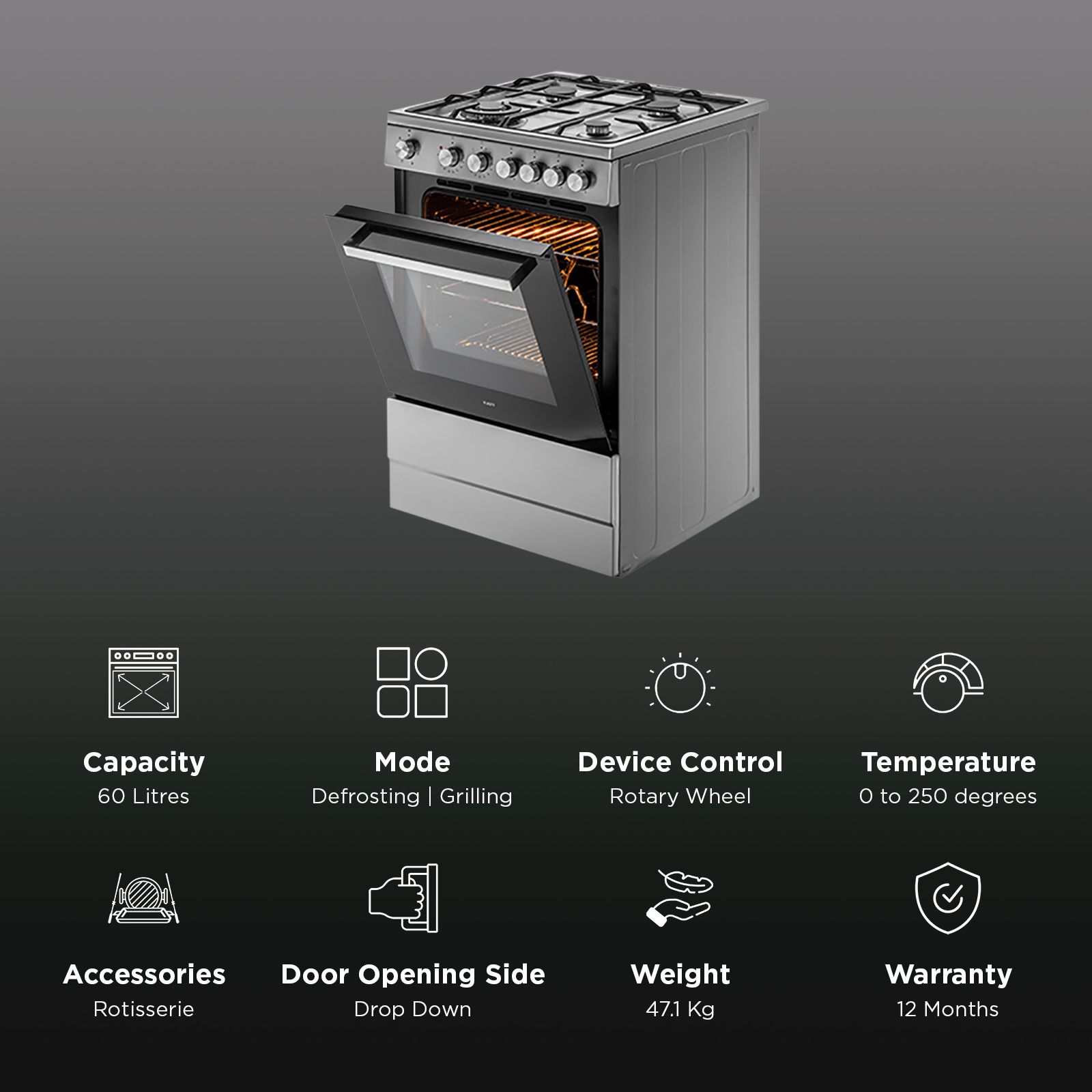 KAFF 60 Litres 4 Burner Cooking Range with Electric Oven (KAB60SS, Silver)_3