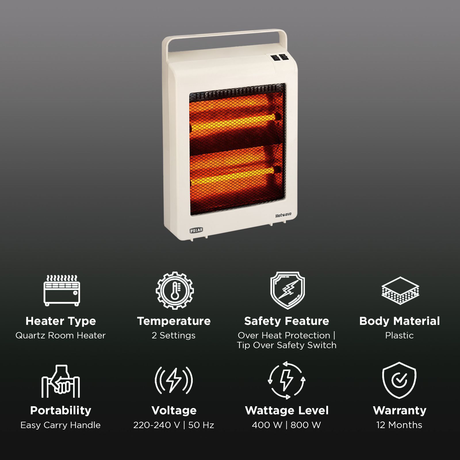 POLAR Hotwave 800W Quartz Room Heater with Rust Free Stainless Steel Reflector (Safety Mesh Grille_3