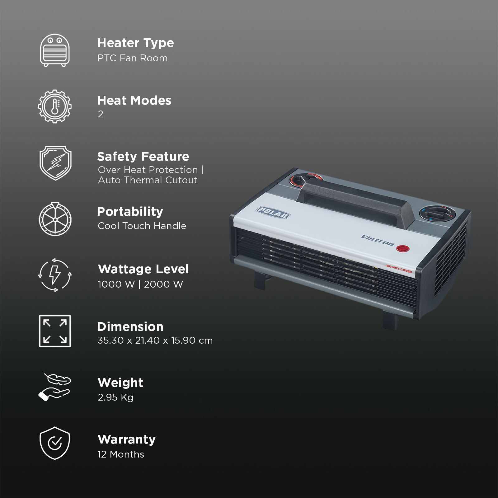 POLAR Vistron 2000W Fan Room Heater with Whisper Quiet Operation (Safety Thermal Cut Out POLAR Vistron 2000W Fan Room Heater with Whisper Quiet Operation (Safety Thermal Cut Out_2