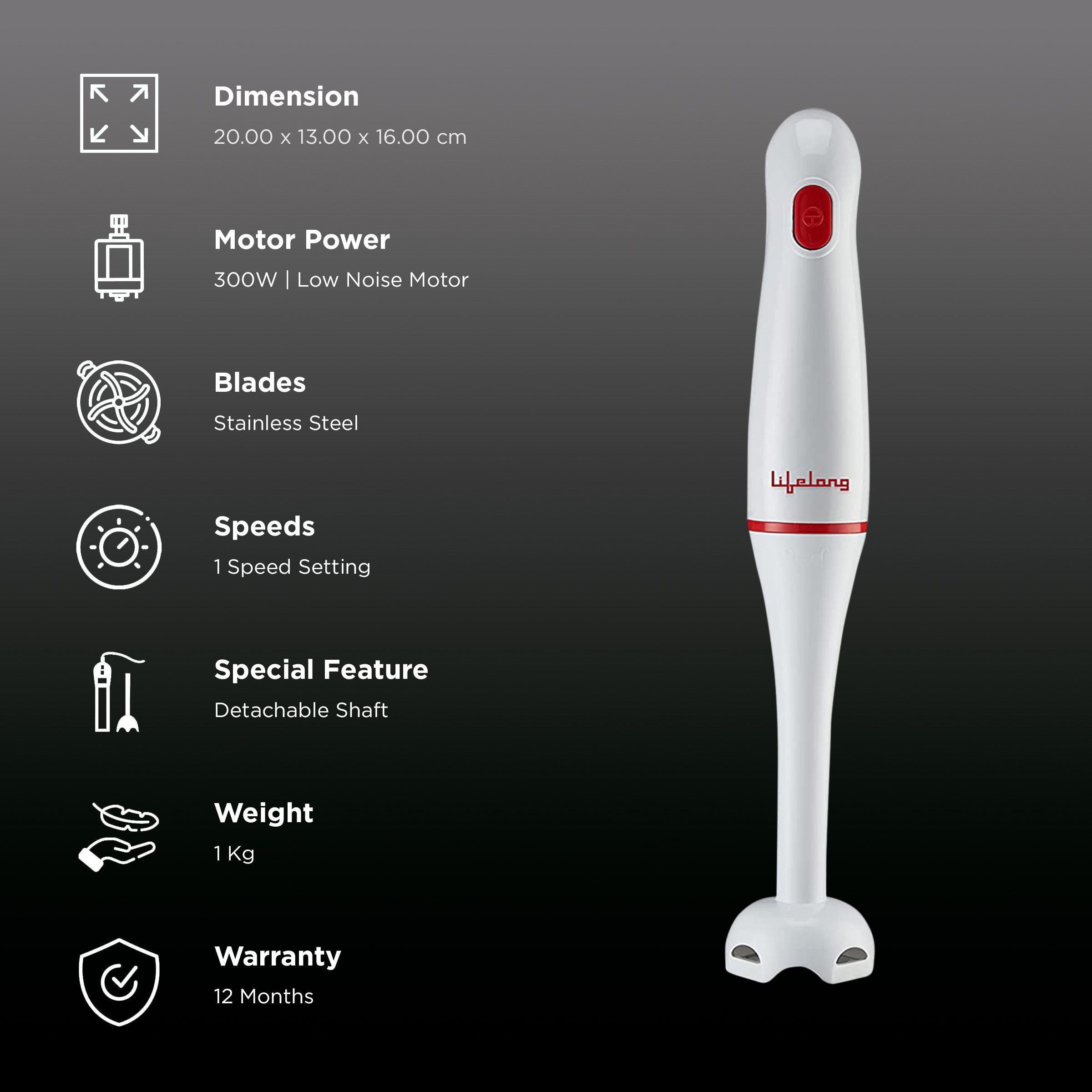 Lifelong Regalia Plus 300 Watt Hand Blender with 2 Attachments (Detachable Shaft, White)_2