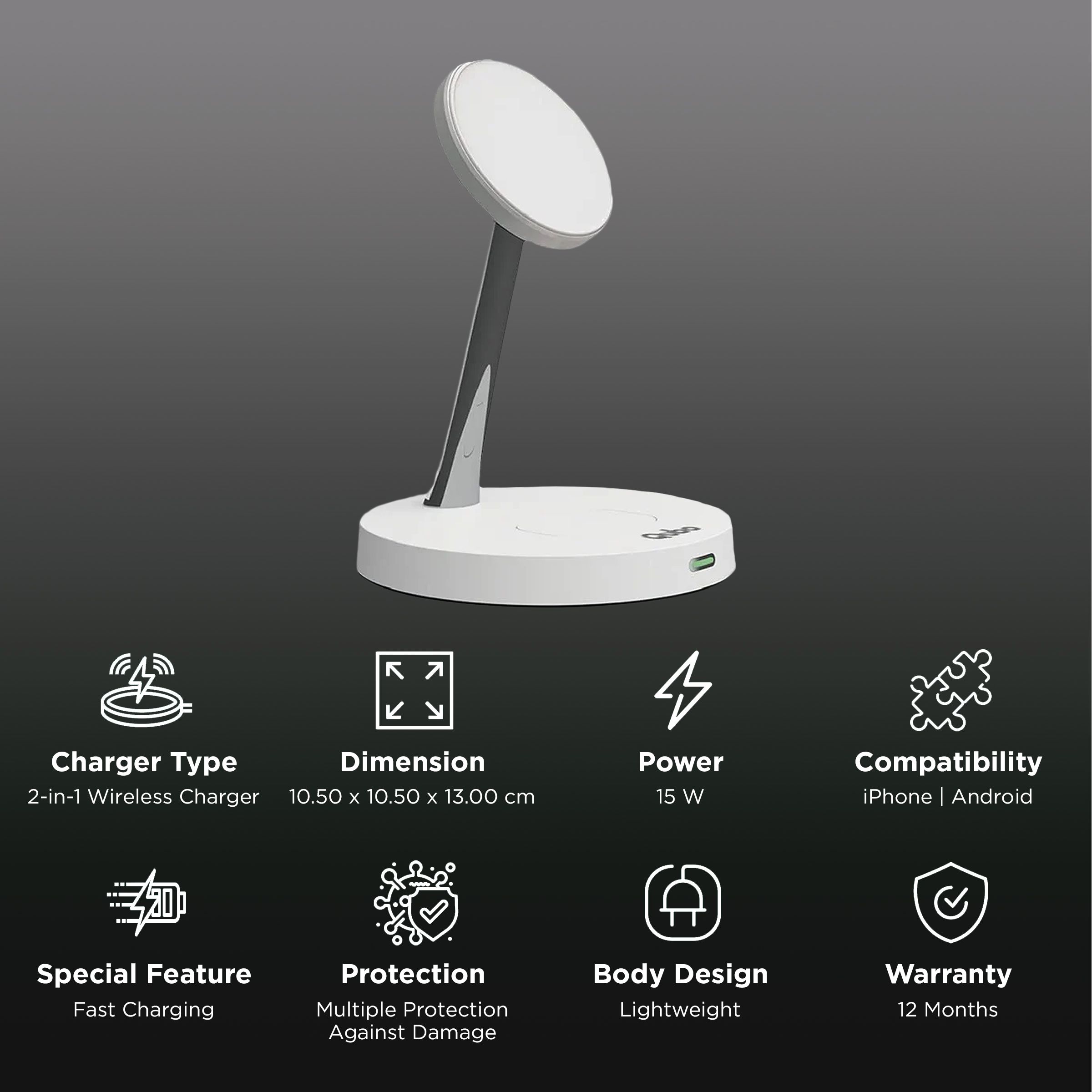 Qubo MagZap Z2 15W 2-in-1 Wireless Charger for iPhone 11, X, 12 & Above & AirPods 3rd G, Pro (Short Circuit Control, White)_2
