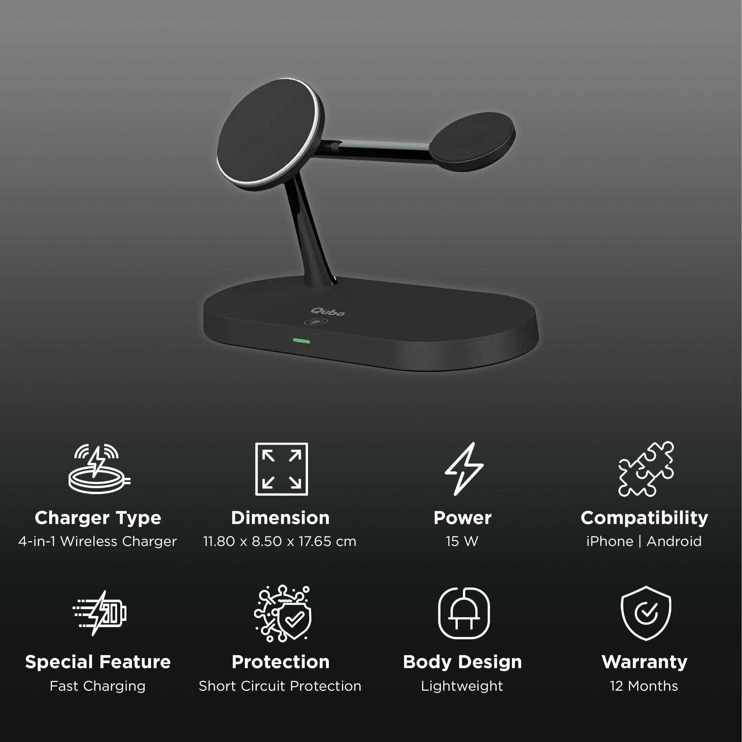 Qubo MagZap Z5 15W 4-in-1 Wireless Charger for iPhone 11, X, 12 & Above, AirPods 3rd G, Pro & iWatch 1, 2, 3, 4, 5, 6, SE, 7 (Short Circuit Control, Black) Qubo MagZap Z5 15W 4-in-1 Wireless Charger for iPhone 11, X, 12 & Above, AirPods 3rd G, Pro & iWatch 1, 2, 3, 4, 5, 6, SE, 7 (Short Circuit Control, Black)_2