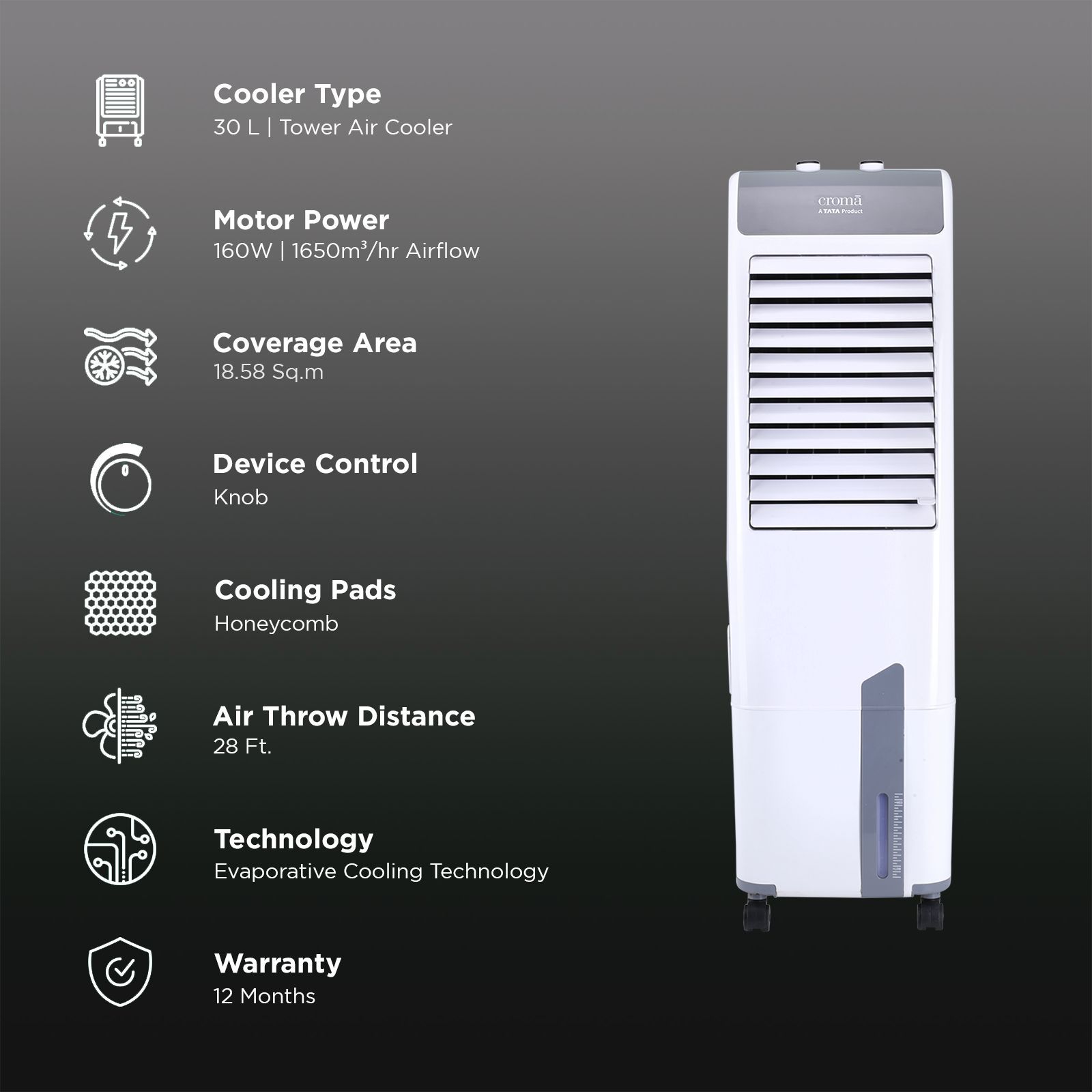 Croma 30 Litres Tower Air Cooler with Inverter Compatible (Ice Chamber, White & Grey) Croma 30 Litres Tower Air Cooler with Inverter Compatible (Ice Chamber, White & Grey)_3