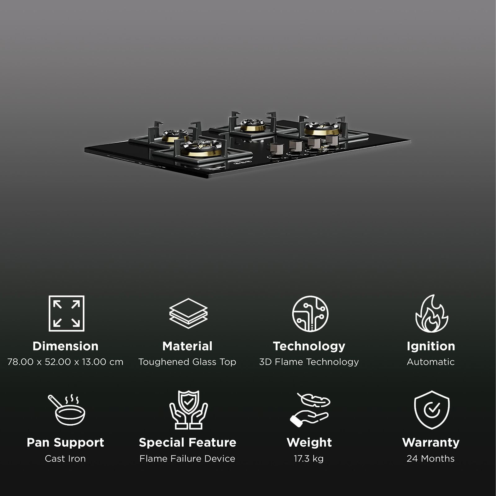 Crompton Optime Toughened Glass Top 4 Burner Automatic Hob (3D Flame Technology, Midnight Black)_3