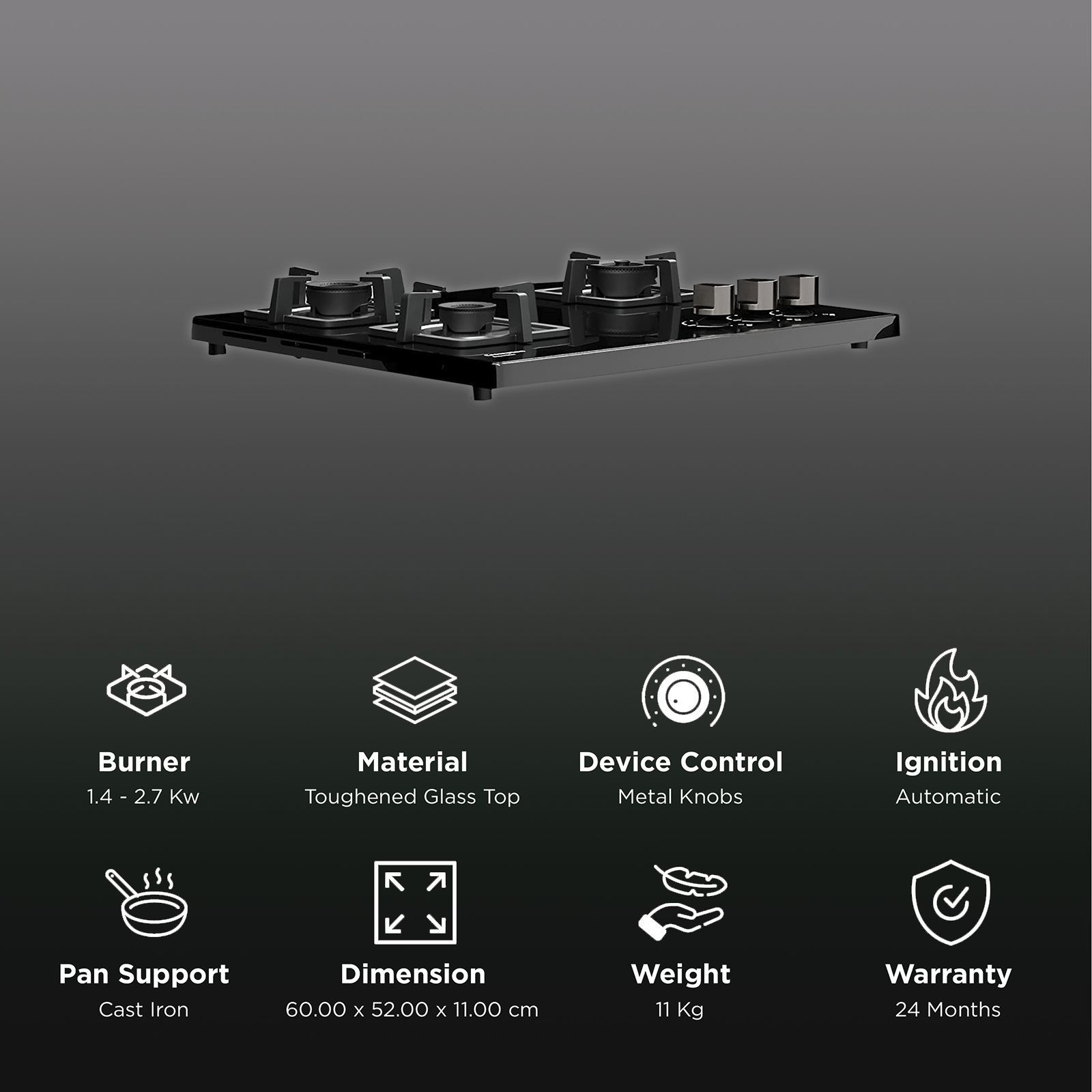 Crompton SuperSlim Toughened Glass Top 3 Burner Automatic Hob (Triple Ring Burner, Midnight Black)_3