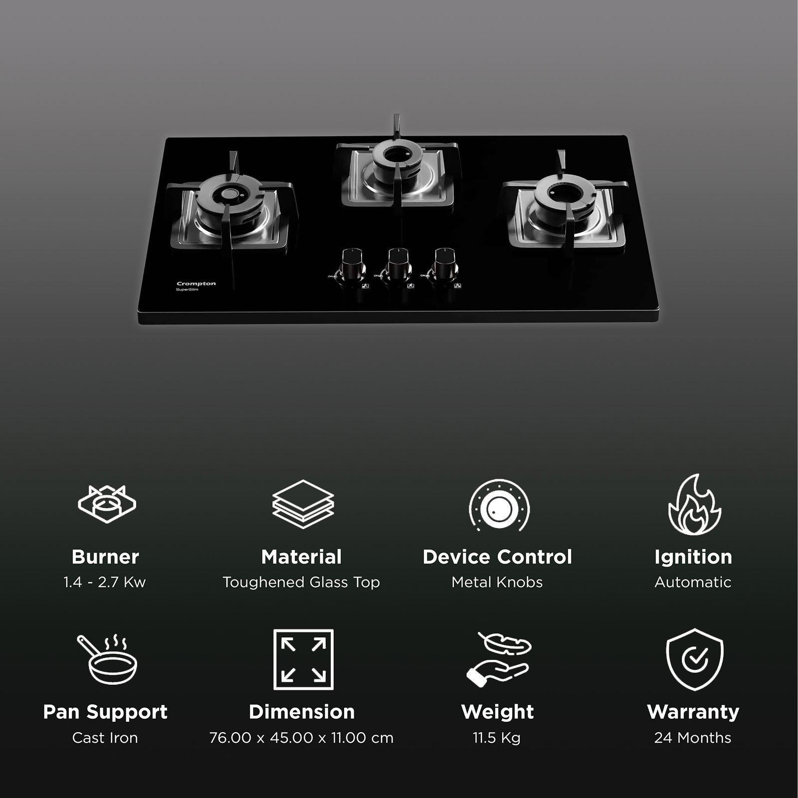 Crompton SuperSlim Toughened Glass Top 3 Burner Automatic Hob (Triple Ring Burner, Midnight Black)_3