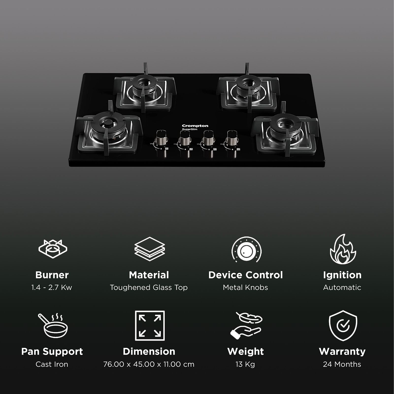 Crompton SuperSlim Toughened Glass Top 4 Burner Automatic Hob (Heat Resistant Metal Knob, Midnight Black)_3