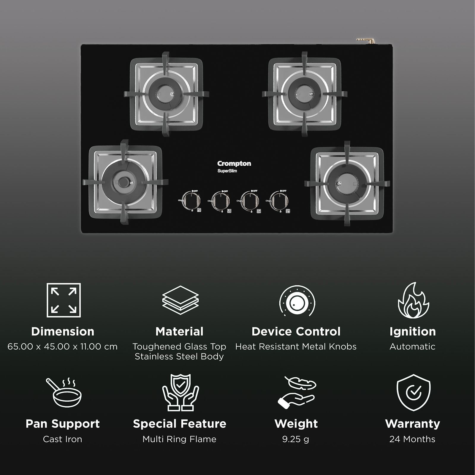 Crompton SuperSlim Toughened Glass Top 4 Burner Automatic Hob (Enamel Coating Cast Iron Pan Support, Midnight Black)_3