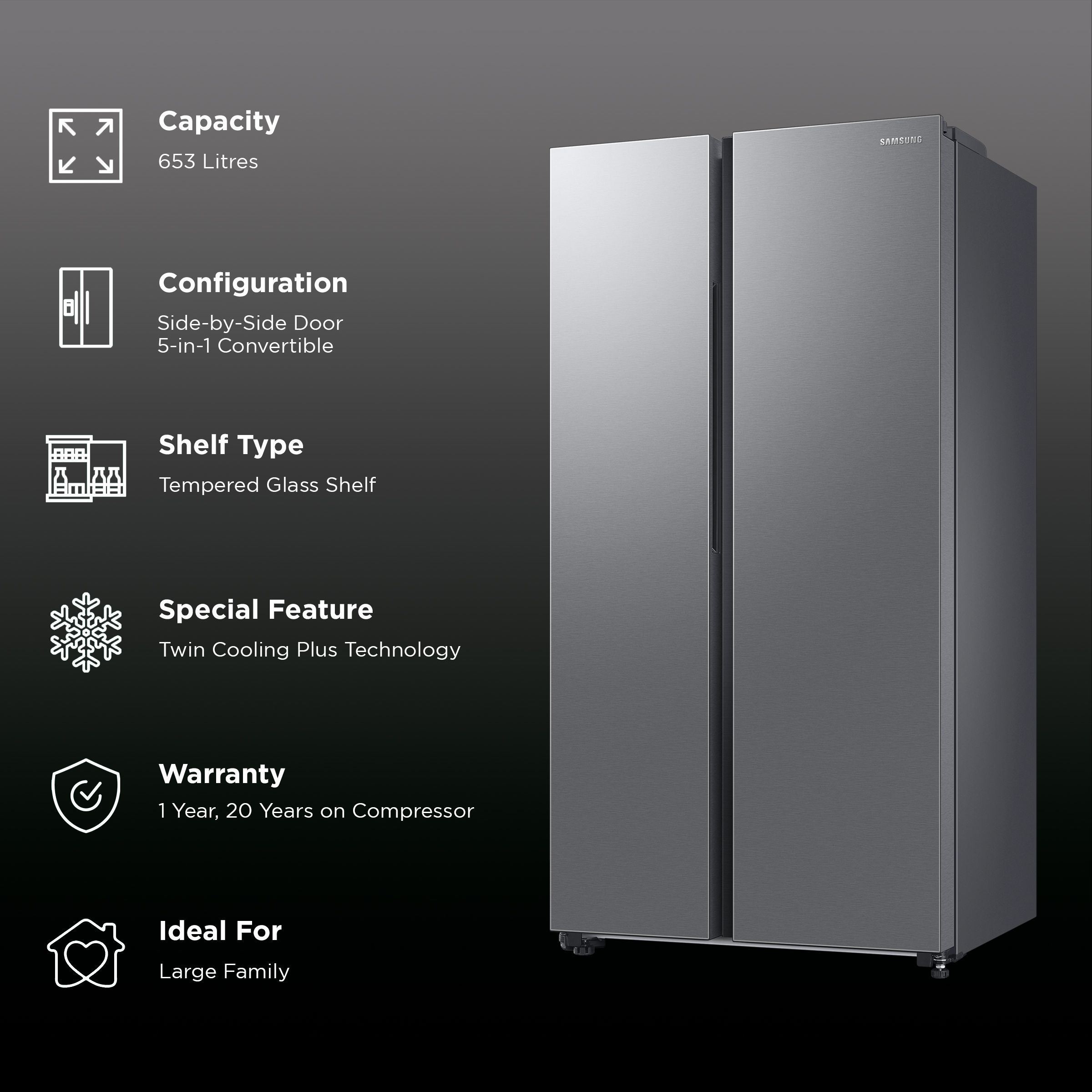 SAMSUNG 653 Litres 3 Star Auto Defrost Side by Side Convertible Refrigerator with Twin Cooling Plus (RS76CG8113SLHL, EZ Clean Steel)_2