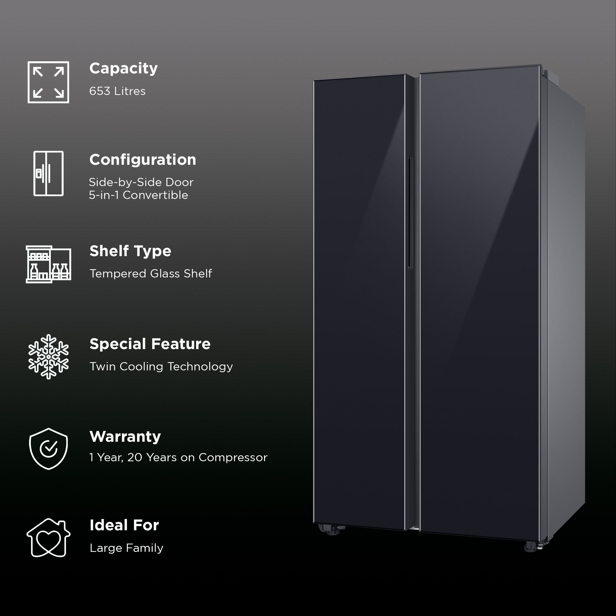 SAMSUNG 653 Litres 3 Star Side by Side Refrigerator with AI Energy Mode (RS76CB811333HL, Glam Deep Charcoal) SAMSUNG 653 Litres 3 Star Side by Side Refrigerator with AI Energy Mode (RS76CB811333HL, Glam Deep Charcoal)_2