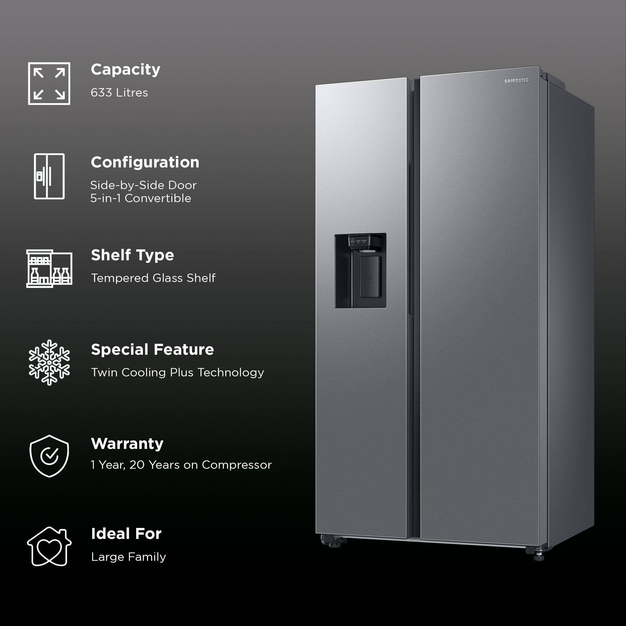 SAMSUNG 633 Litres 3 Star Auto Defrost Side by Side Convertible Refrigerator with Twin Cooling Plus (RS78CG8543SLHL, EZ Clean Steel)_2