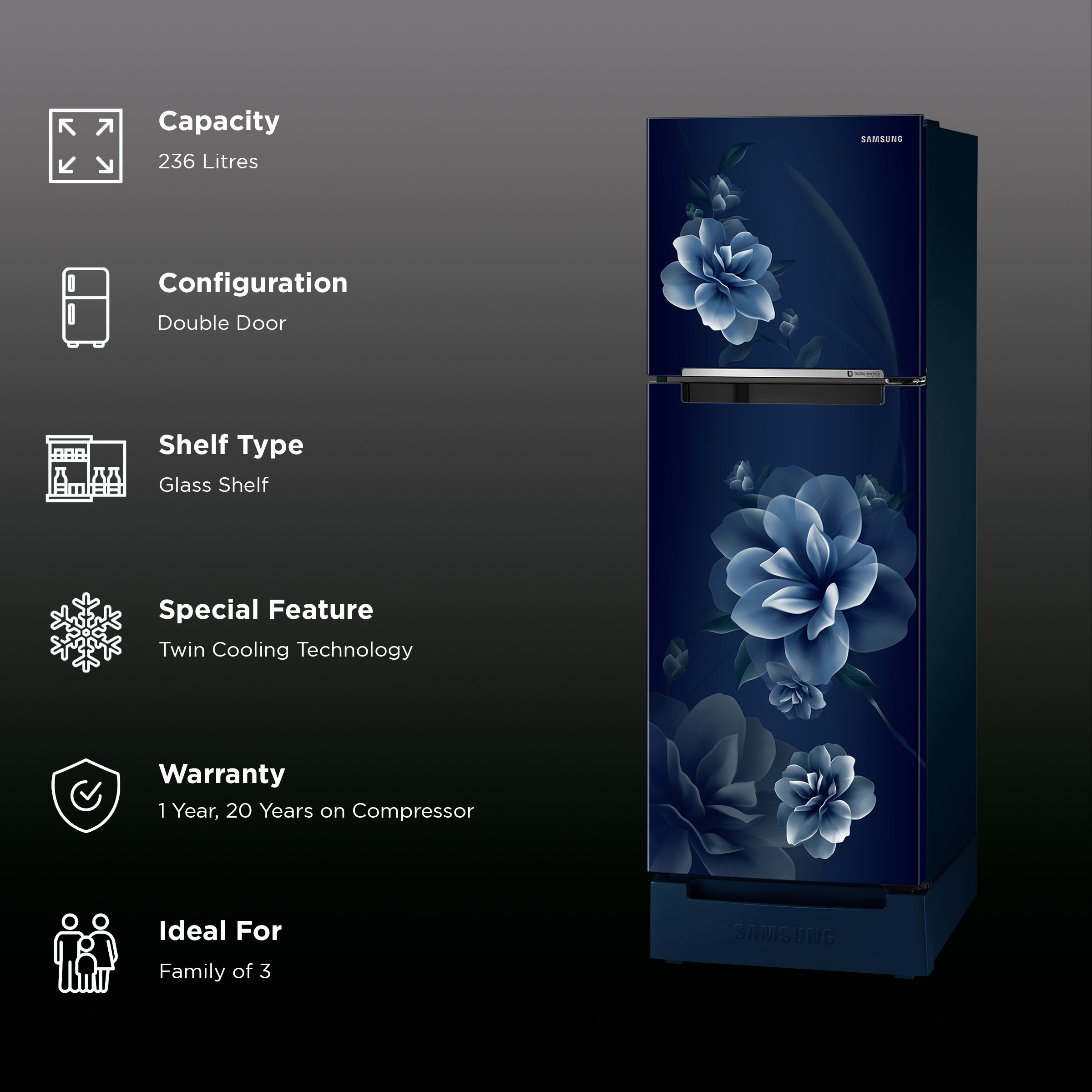 SAMSUNG 236 Litres 2 Star Frost Free Double Door Refrigerator with Digital Inverter Technology (RT28C3122CU/HL, Camellia Blue) SAMSUNG 236 Litres 2 Star Frost Free Double Door Refrigerator with Digital Inverter Technology (RT28C3122CU/HL, Camellia Blue)_2
