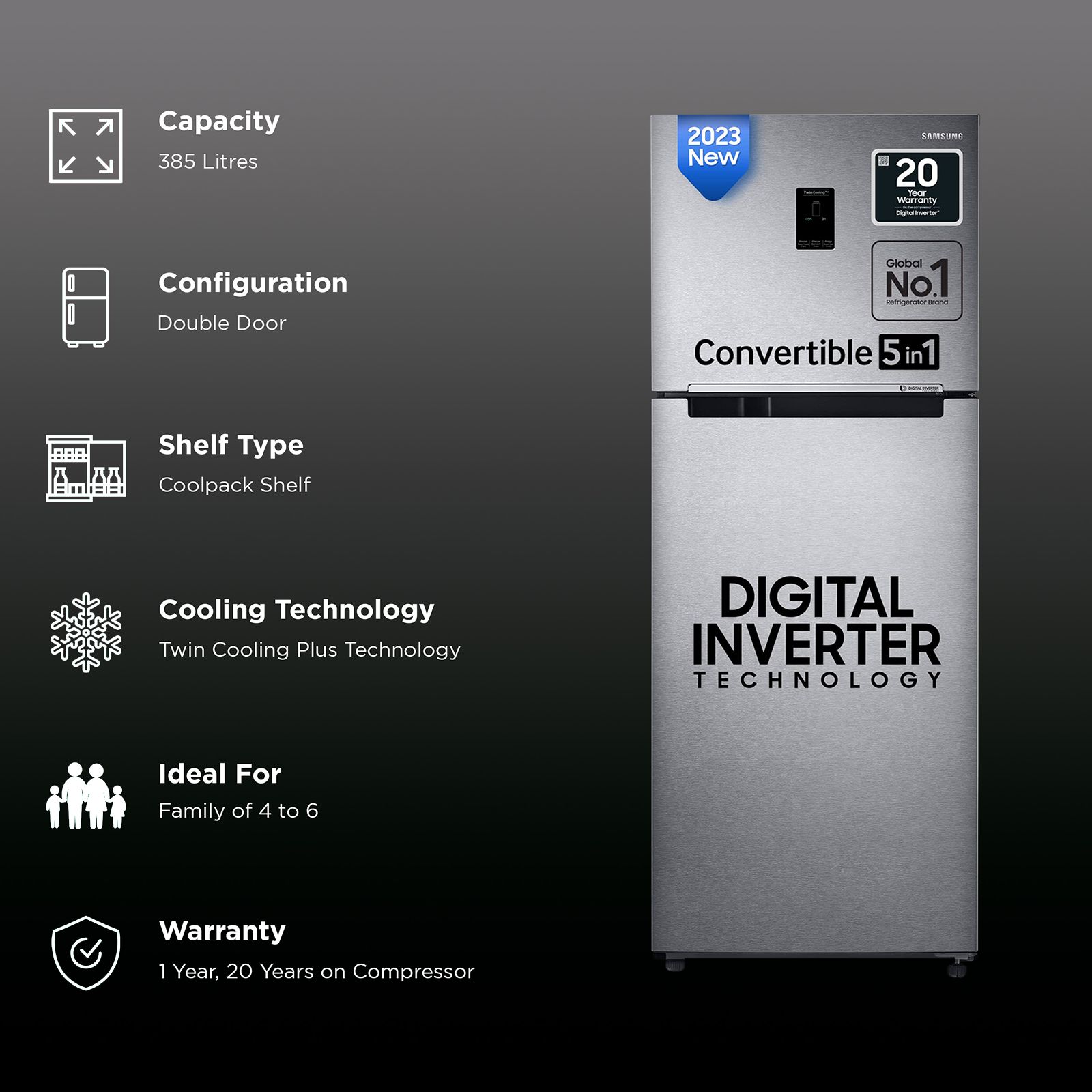 SAMSUNG 385 Litres 2 Star Frost Free Double Door Convertible Refrigerator with Deodorizer (RT42C5532S9/HL, Refined Inox)_2