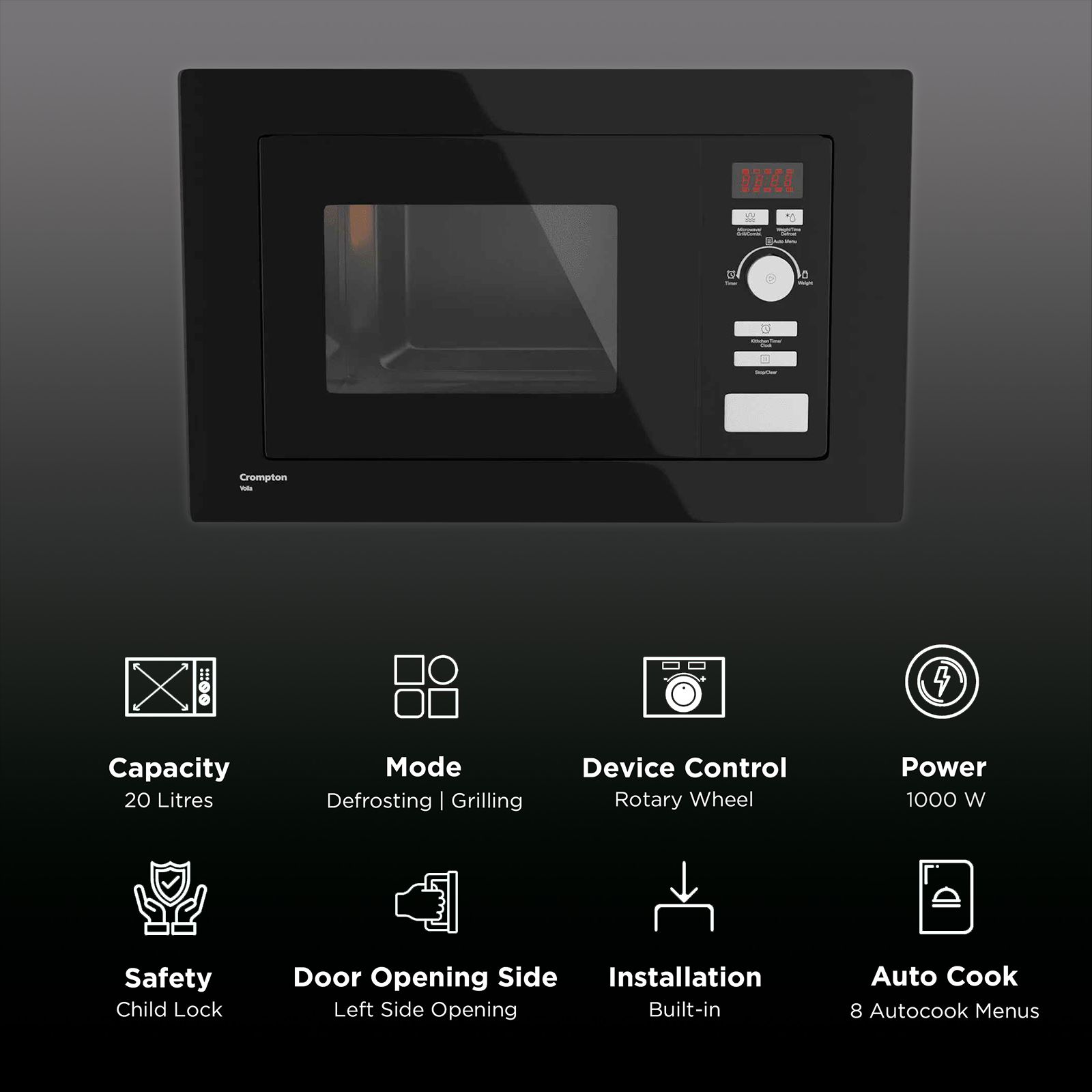 Crompton Voila 20L Built-in Solo Microwave Oven with 8 Autocook Menus (MWO-VOSOL20L-MBL, Midnight Black)_3
