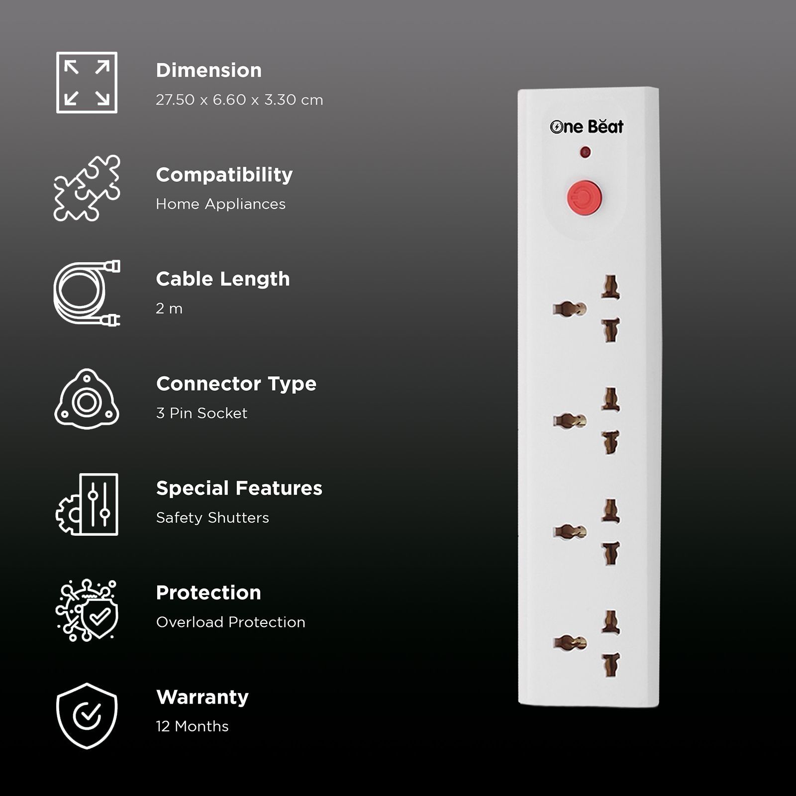 One Beat Spark 4 10 Amps 4 Sockets Extension Board (2 Meters, Resettable Circuit Breaker, OB-20402, White) One Beat Spark 4 10 Amps 4 Sockets Extension Board (2 Meters, Resettable Circuit Breaker, OB-20402, White)_2