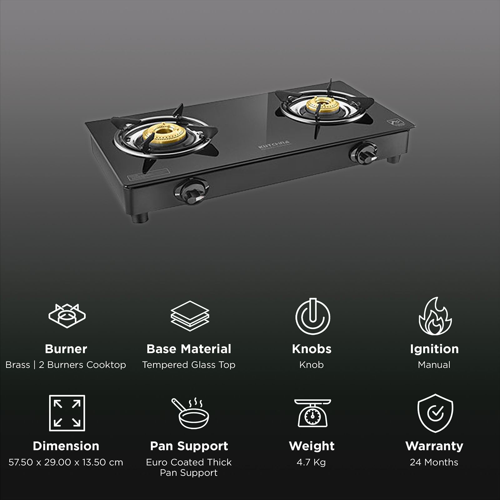 Kutchina Fabio 2B Eco Tempered Glass Top 2 Burner Manual Gas Stove (Stainless Steel Drip Tray, Black)_3