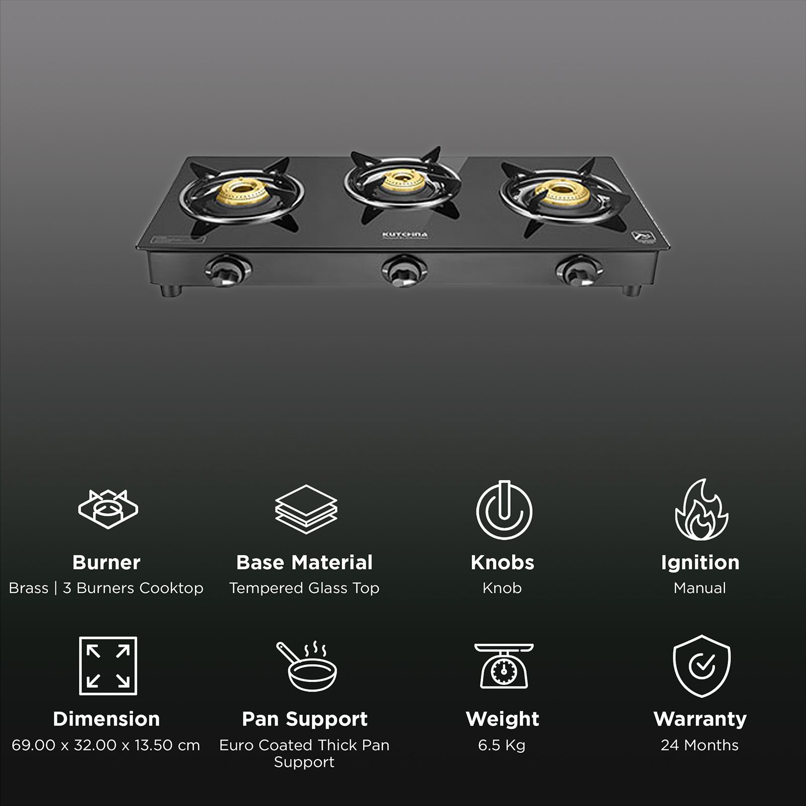 Kutchina Fabio 3B Eco Tempered Glass Top 3 Burner Manual Gas Stove (Stainless Steel Drip Tray, Black)_3