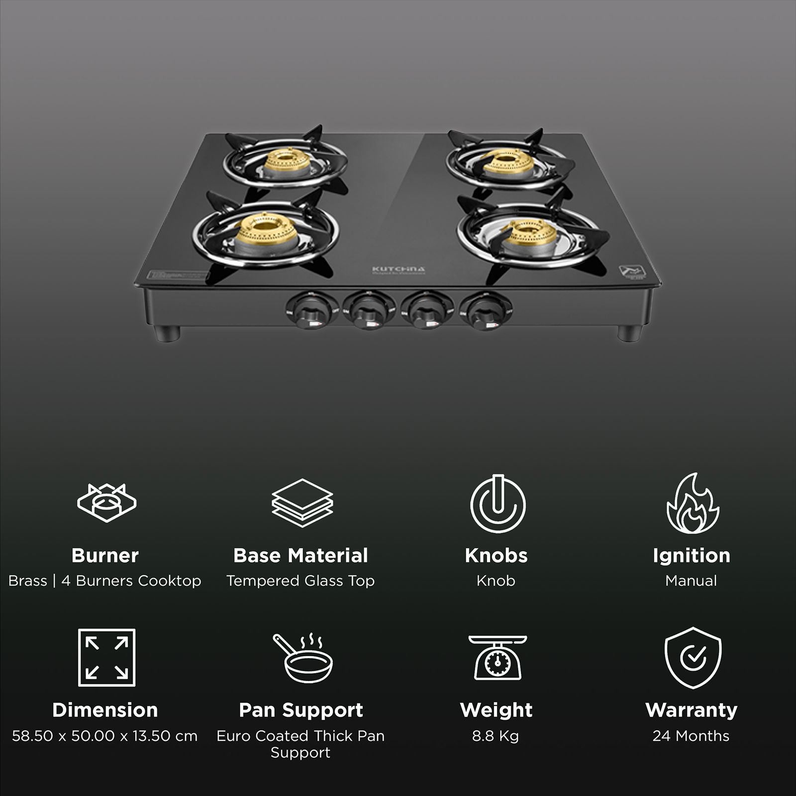 Kutchina Fabio 4B Eco Tempered Glass Top 4 Burner Manual Gas Stove (Stainless Steel Drip Tray, Black)_3