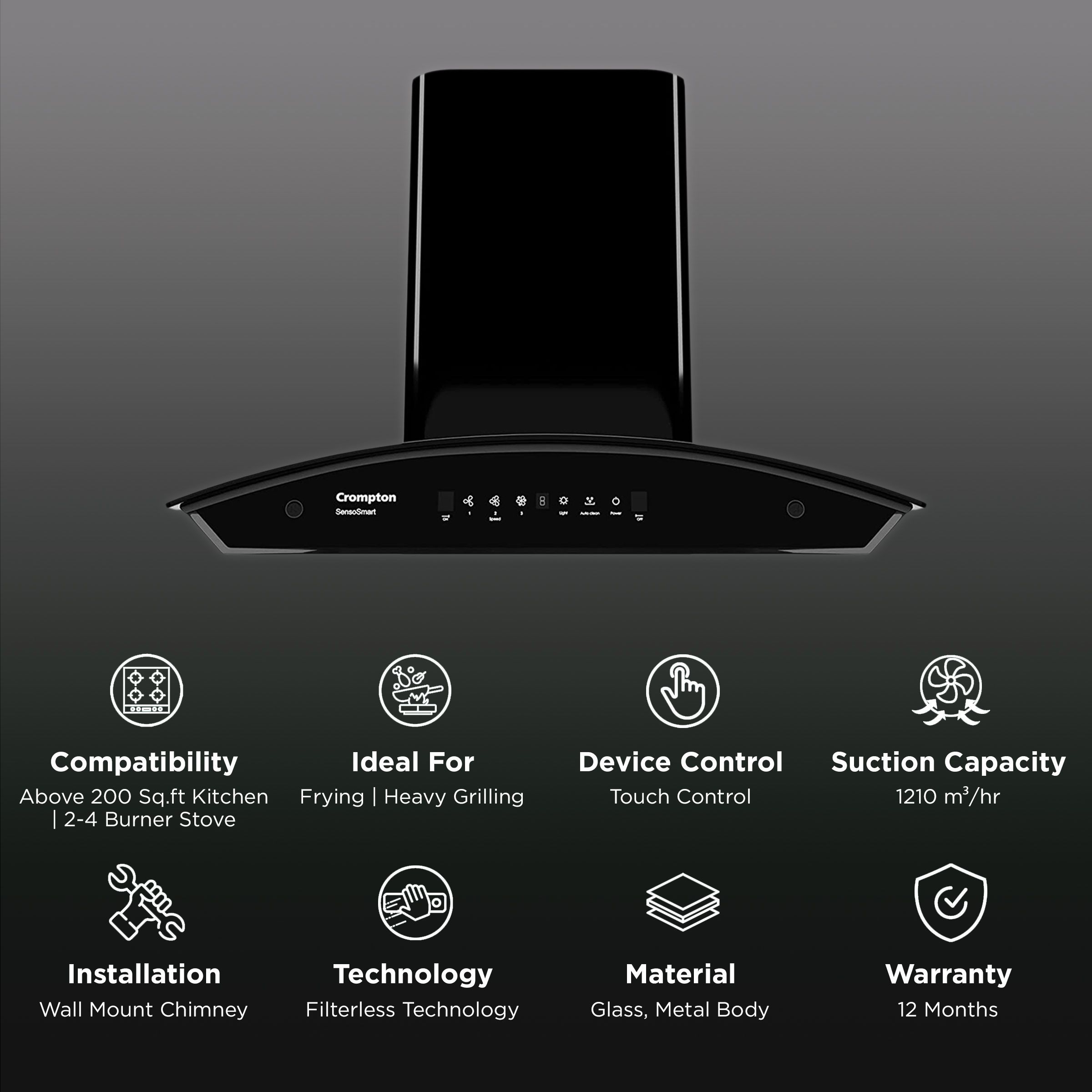 Crompton SensoSmart 60cm 1210m3/hr Ducted Auto Clean Wall Mounted Chimney with Touch Control Panel (Midnight Black)_3