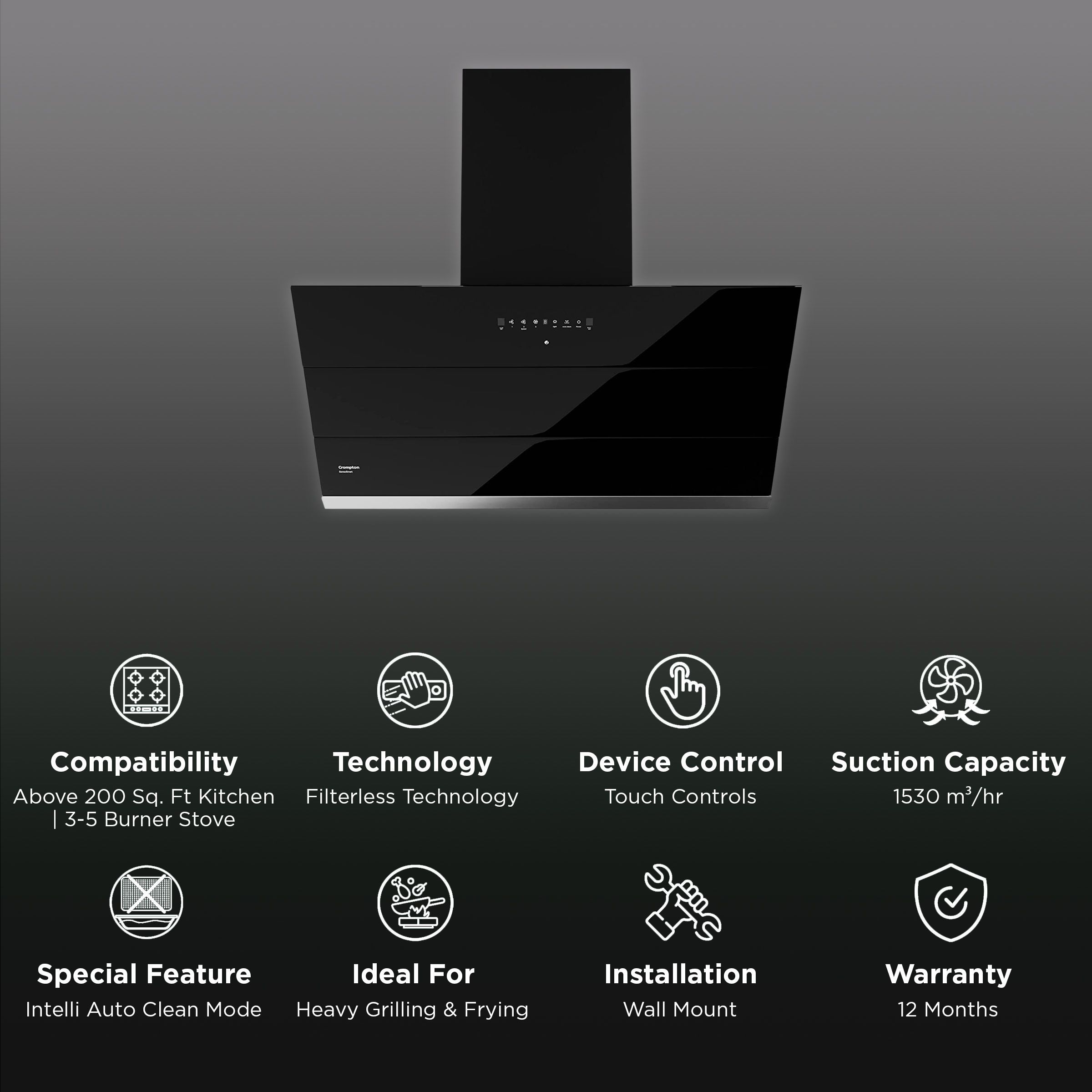 Crompton SensoSmart 90cm 1530m3/hr Ducted Auto Clean Wall Mounted Chimney with Touch Control Panel (Midnight Black)_3