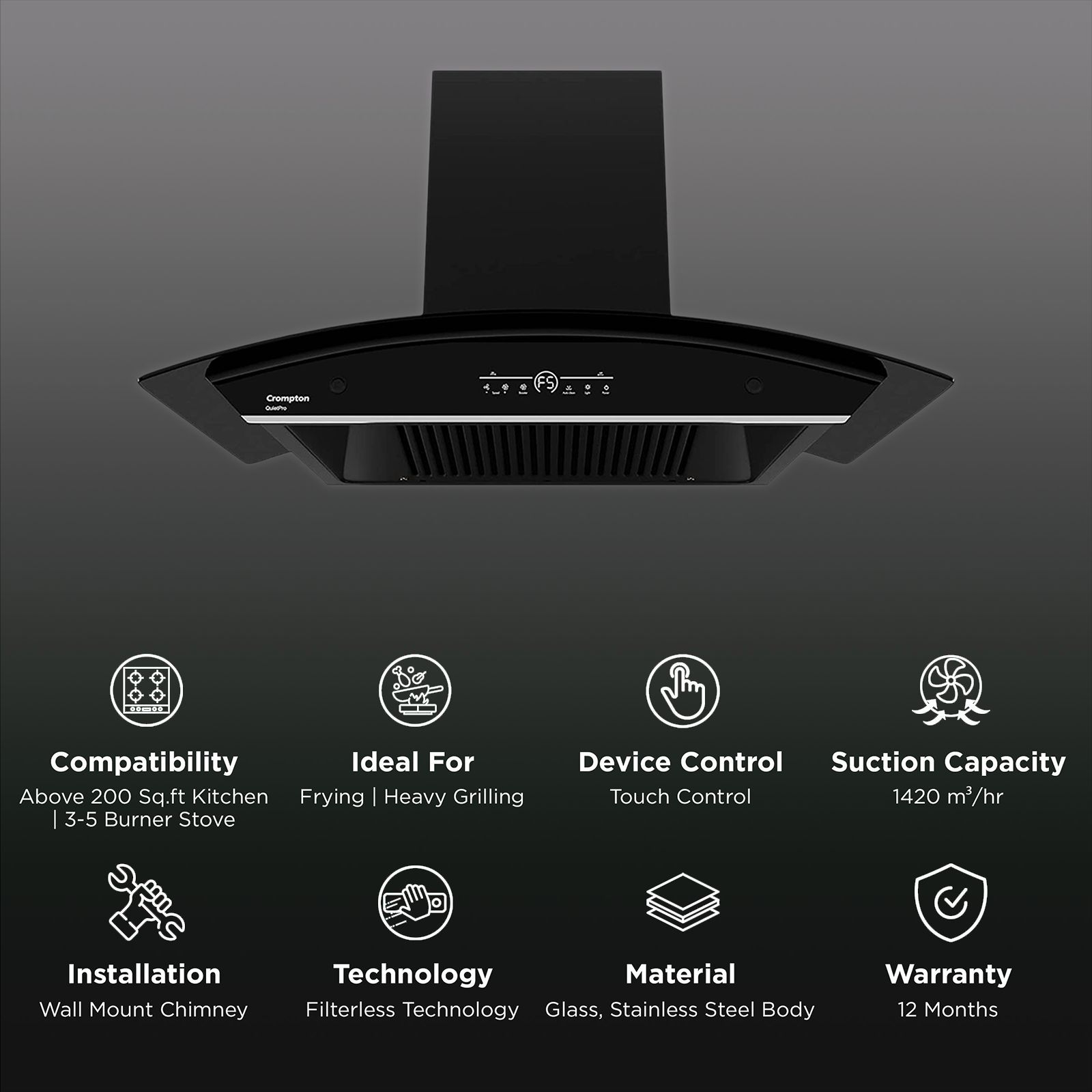 Crompton QuietPro 90cm 1420m3/hr Ductless Auto Clean Wall Mounted Chimney with Touch Control Panel (Midnight Black)_3
