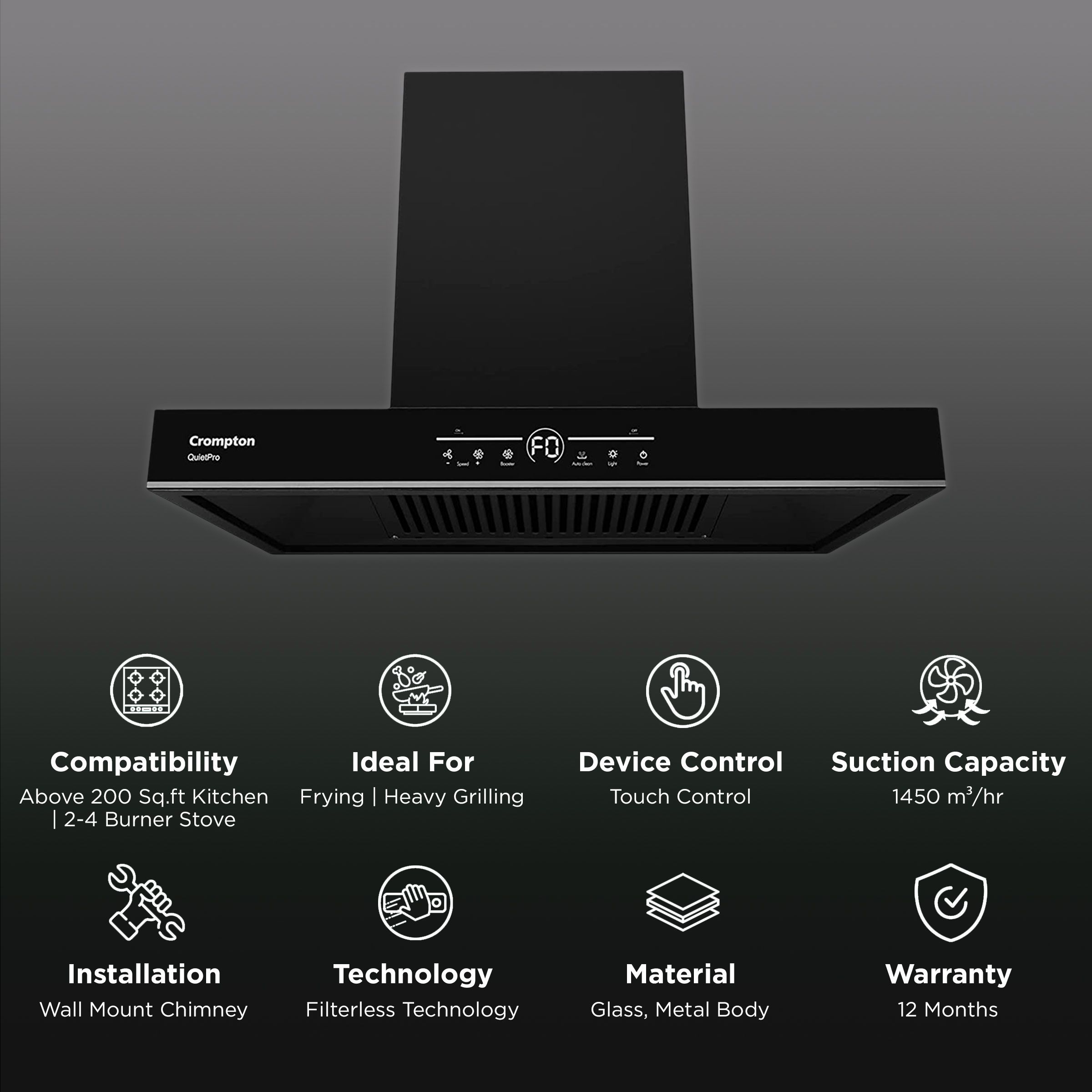 Crompton QuietPro 60cm 1450m3/hr Ducted Auto Clean Wall Mounted Chimney with Touch Control Panel (Midnight Black)_3