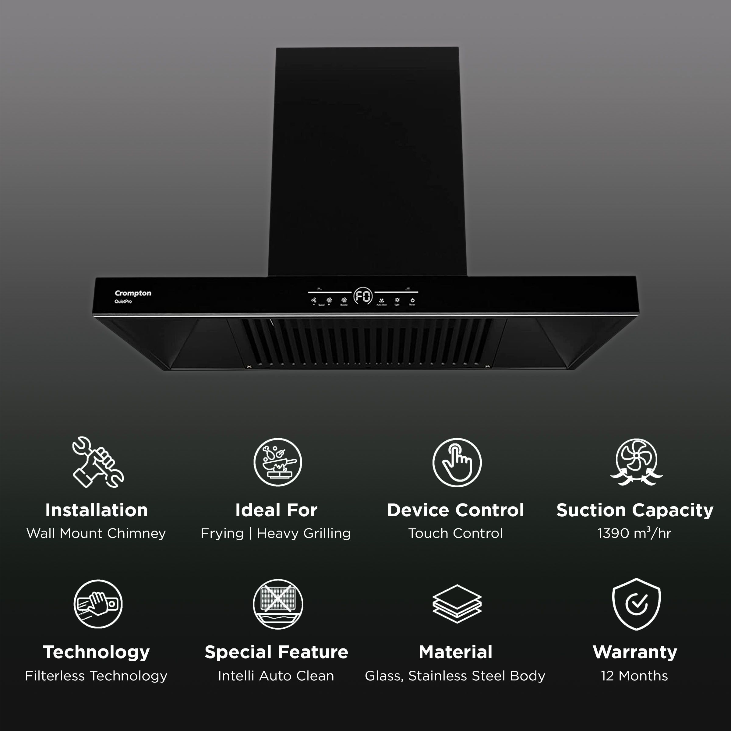 Crompton QuietPro 75cm 1390m3/hr Ducted Auto Clean Wall Mounted Chimney with Touch Control Panel (Midnight Black)_3