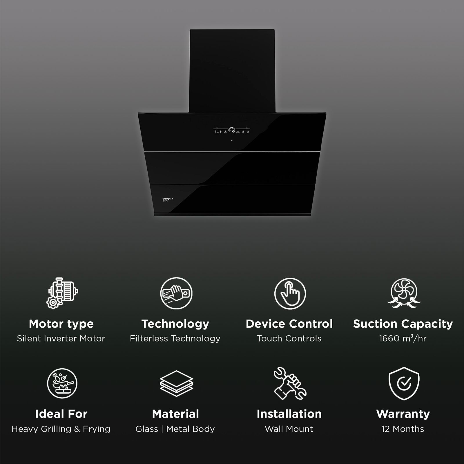Crompton QuietPro 75cm 1660m3/hr Ductless Auto Clean Wall Mounted Chimney with Touch Control Panel (Midnight Black)_3