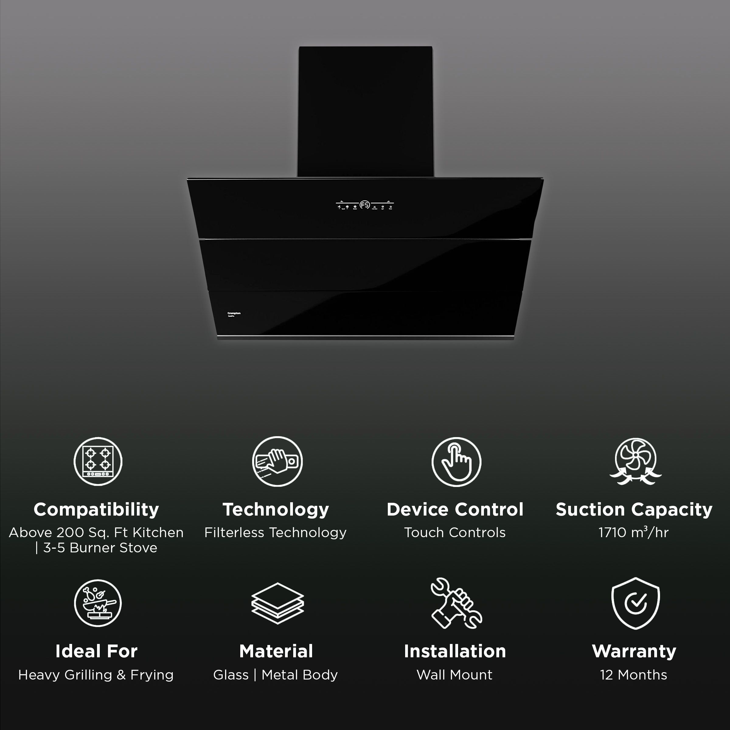 Crompton QuietPro 90cm 1420m3/hr Ductless Auto Clean Wall Mounted Chimney with Touch Control Panel (Midnight Black) Crompton QuietPro 90cm 1420m3/hr Ductless Auto Clean Wall Mounted Chimney with Touch Control Panel (Midnight Black)_3
