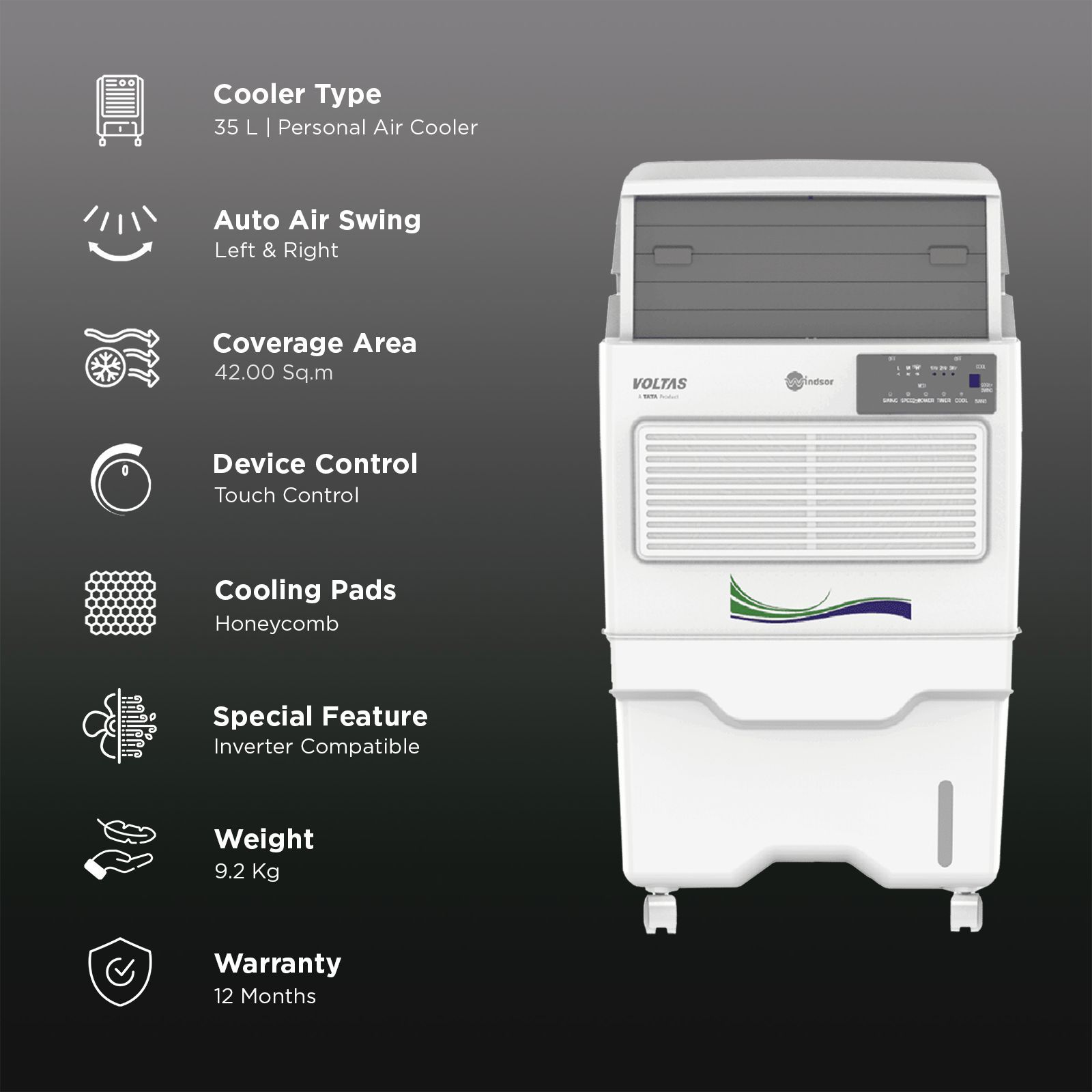 VOLTAS Windsor 35 Litres Personal Air Cooler (Inverter Compatible, 4810385, White/Grey)_3