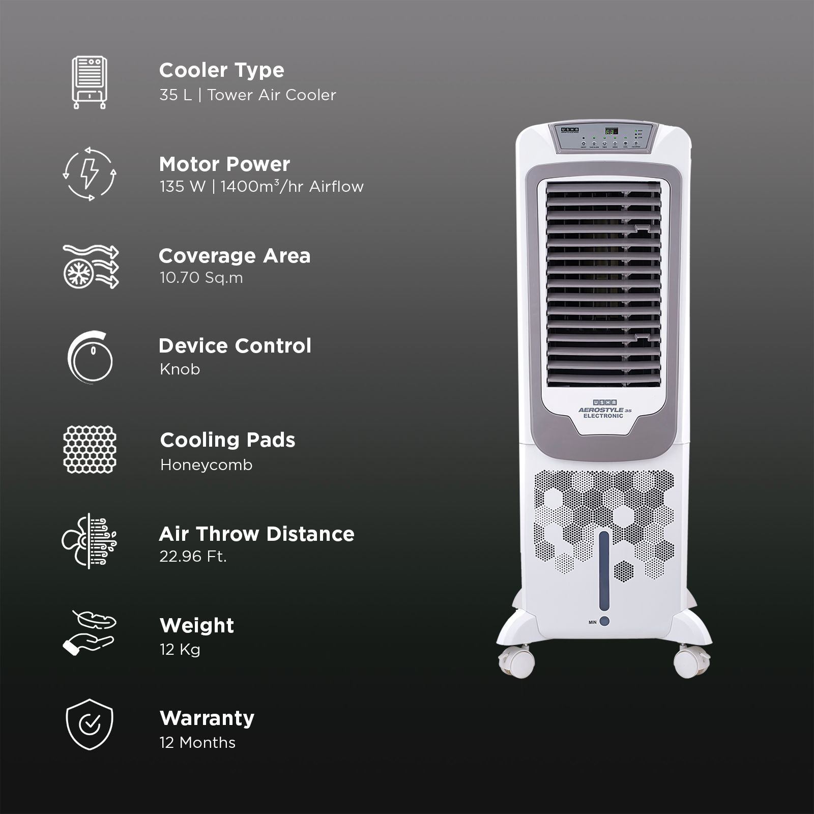 USHA Aerostyle 35 Litres Tower Air Cooler (Anti-Bacterial Tank, 4664135AST1E93N, White)_2