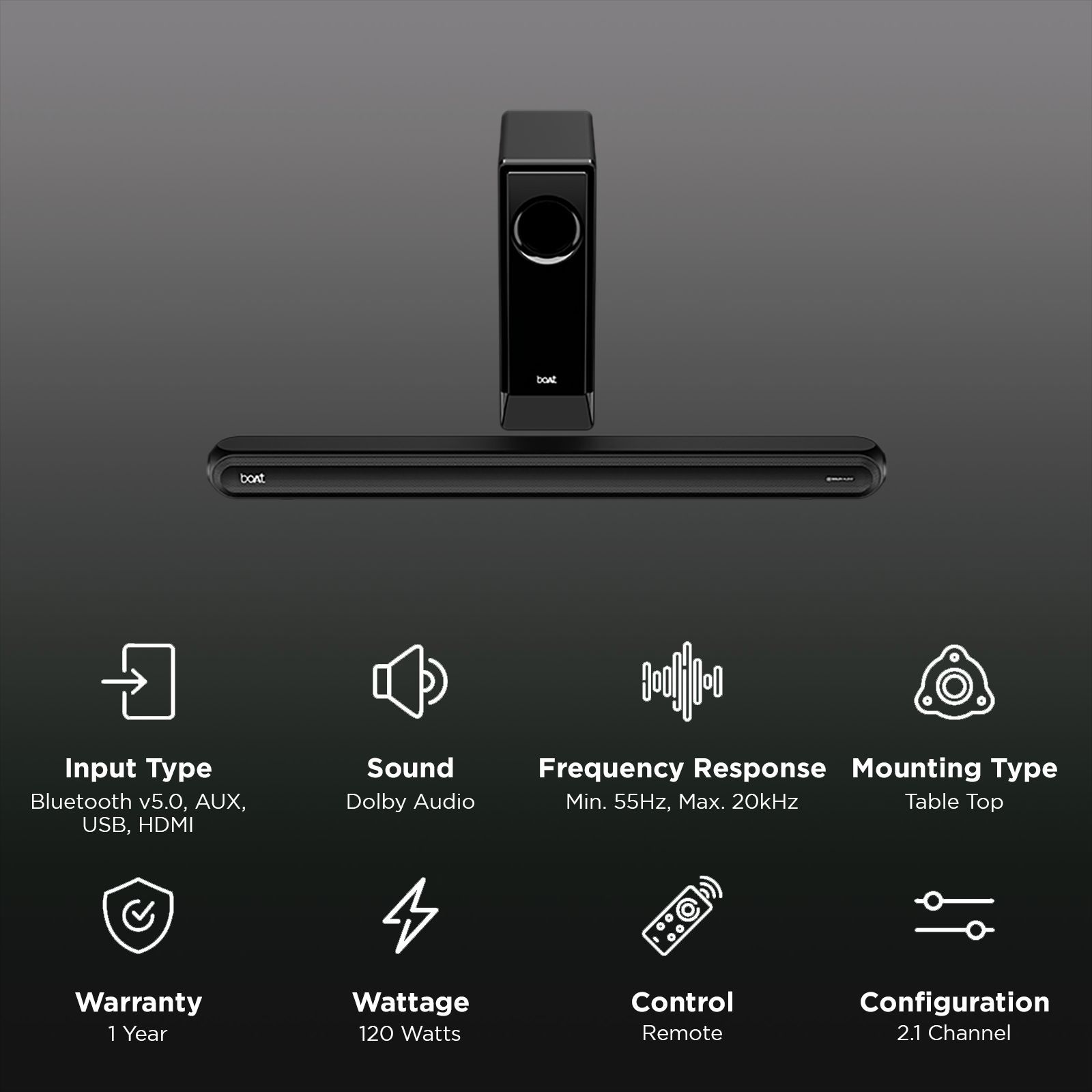 boAt Aavante Bar 1680D 120W Bluetooth Soundbar with Remote (Dolby Digital Audio, 2.1 Channel, Knight Black) boAt Aavante Bar 1680D 120W Bluetooth Soundbar with Remote (Dolby Digital Audio, 2.1 Channel, Knight Black)_3