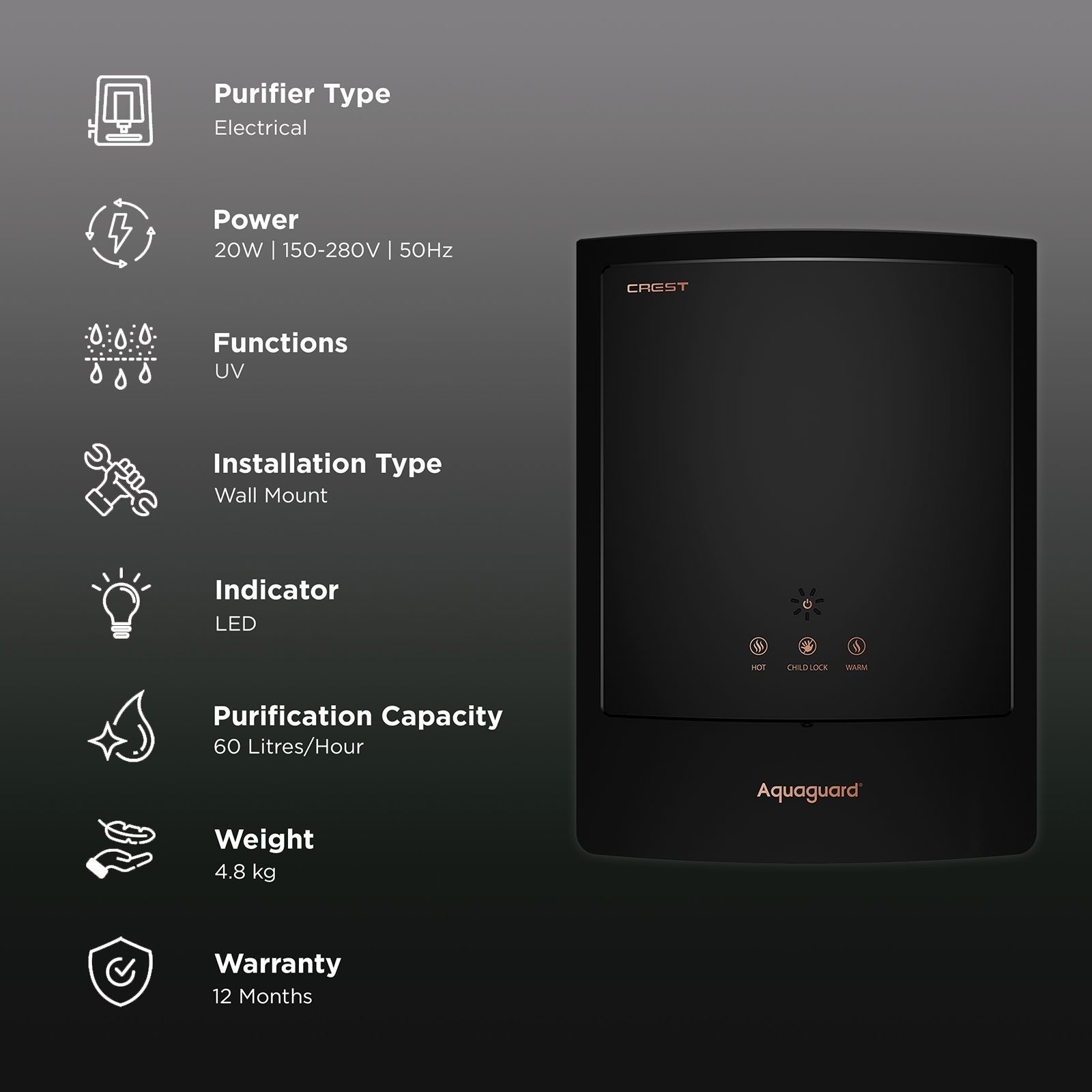 Aquaguard Crest UV Hot & Cold Water Purifier with Touch Sense Technology (Black) Aquaguard Crest UV Hot & Cold Water Purifier with Touch Sense Technology (Black)_3