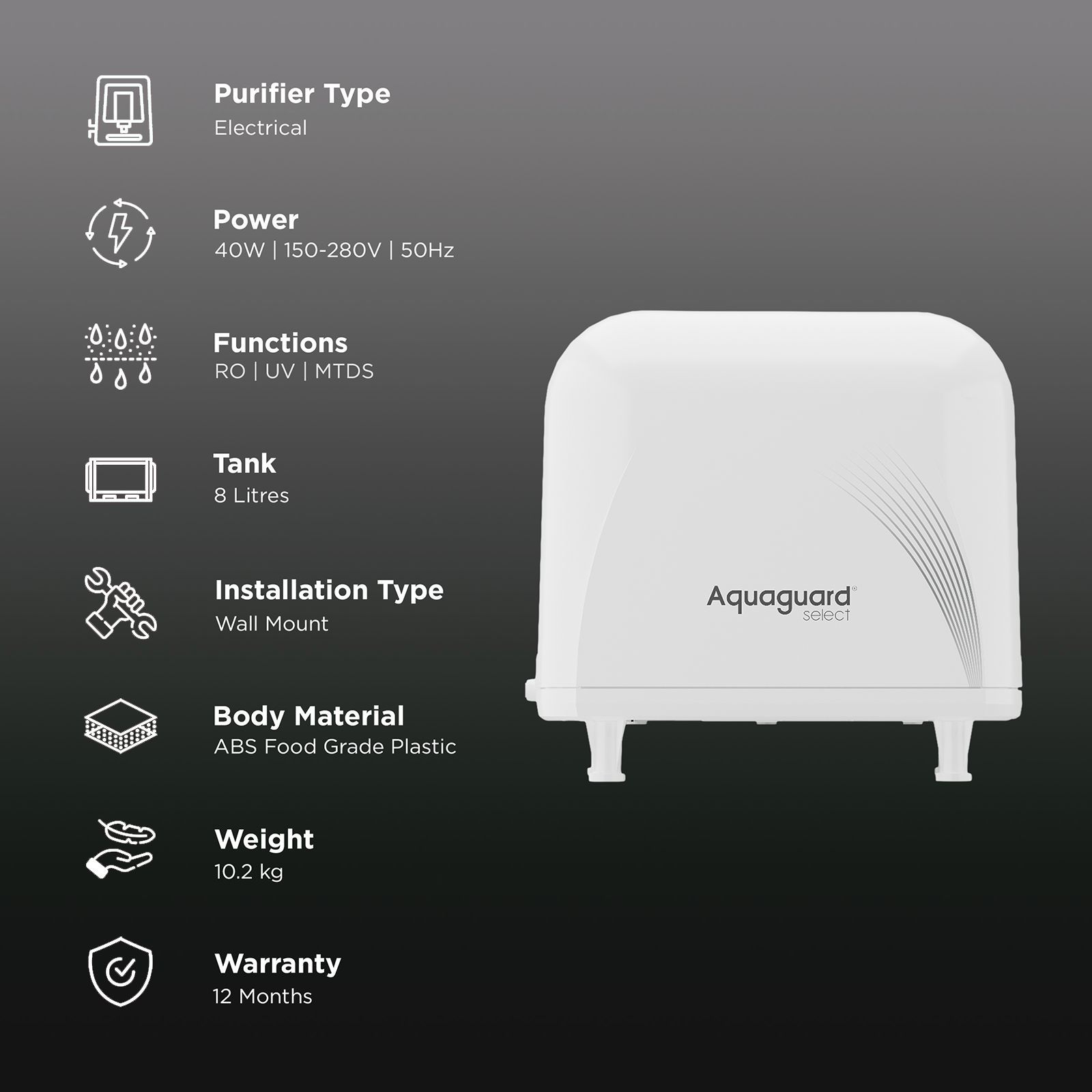 Aquaguard Select Designo UTC 8L RO + UV + MTDS Smart Water Purifier with Active Copper Zinc Booster and Biotron Technology (White)_3