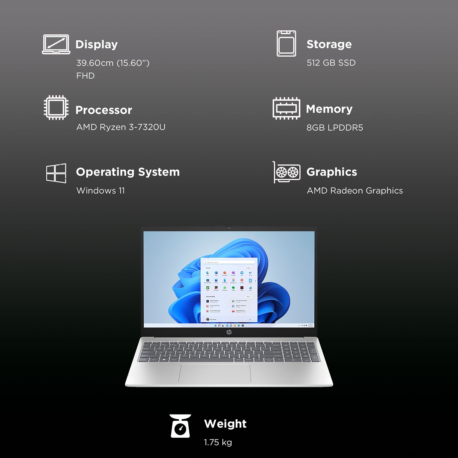 HP 15-fc0026AU AMD Ryen 3 Thin and Light Laptop (8GB, 512GB SSD, Windows 11 Home, 15.6 inch FHD Display, MS Office 2021, Natural Silver, 1.75 KG) HP 15-fc0026AU AMD Ryen 3 Thin and Light Laptop (8GB, 512GB SSD, Windows 11 Home, 15.6 inch FHD Display, MS Office 2021, Natural Silver, 1.75 KG)_3