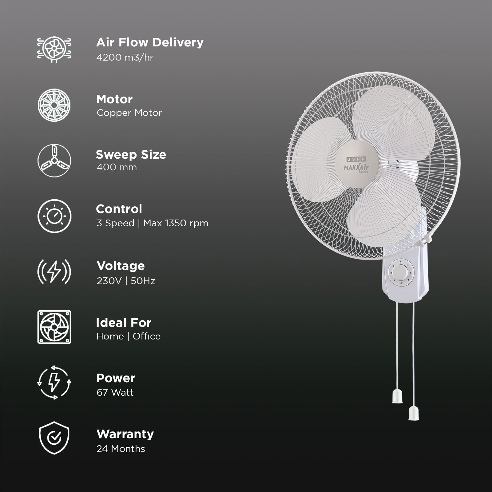 USHA Maxx Air Ultra 400mm 3 Blade Copper Motor Wall Mounted Fan (Thermal Overload Protector, White)_3