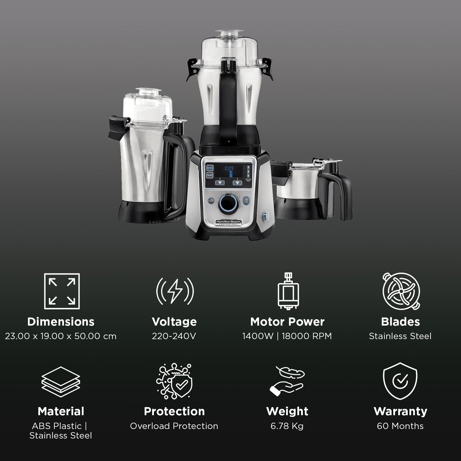 Hamilton Beach Professional 1400 Watt 3 Jars Juicer Mixer Grinder (18000 RPM, Intelligent Speed Sensor, Black)_2
