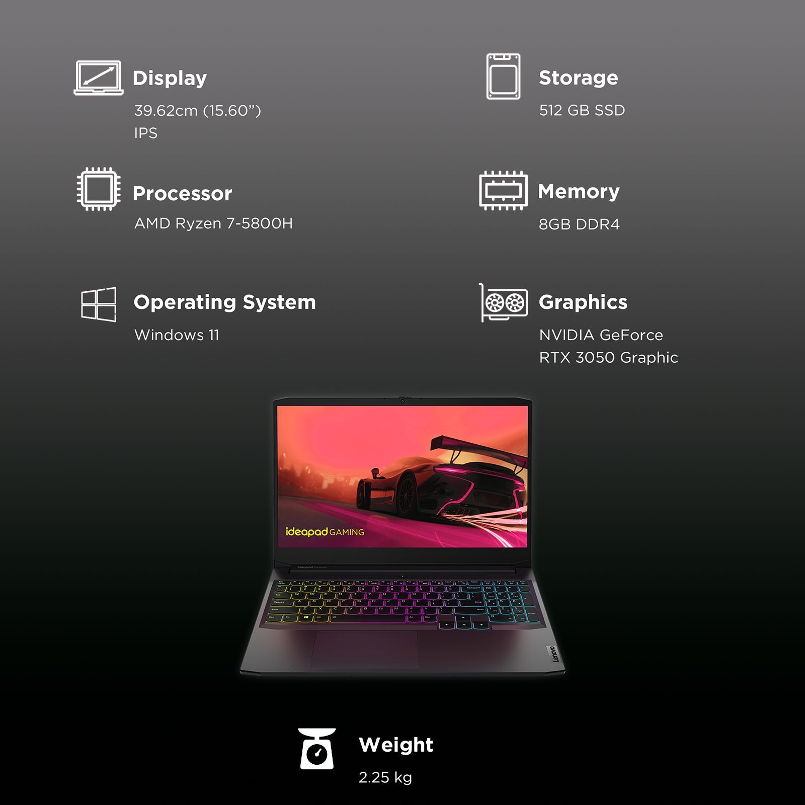 Lenovo IdeaPad Gaming 3 15ACH6 AMD Ryzen 7 (15.6 inch, 8GB, 512GB, Windows 11, MS Office 2021, NVIDIA GeForce RTX 3050, Full HD IPS Display, Shadow Black, 82K2022XIN)_3