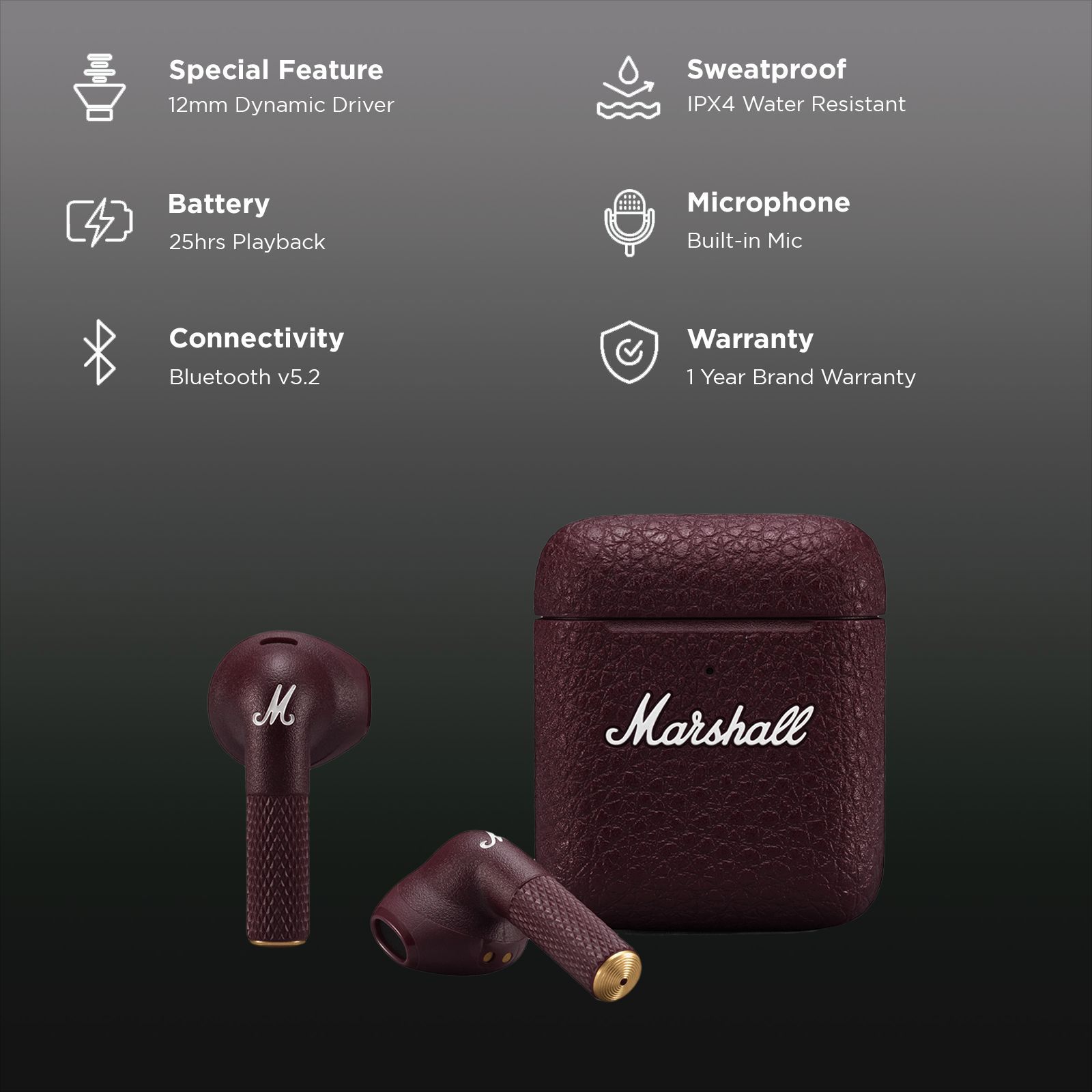Marshall Minor III MS-MIN3BT TWS Earbuds (IPX4 Water Resistant, 25 Hours Playback, Burgundy)_2