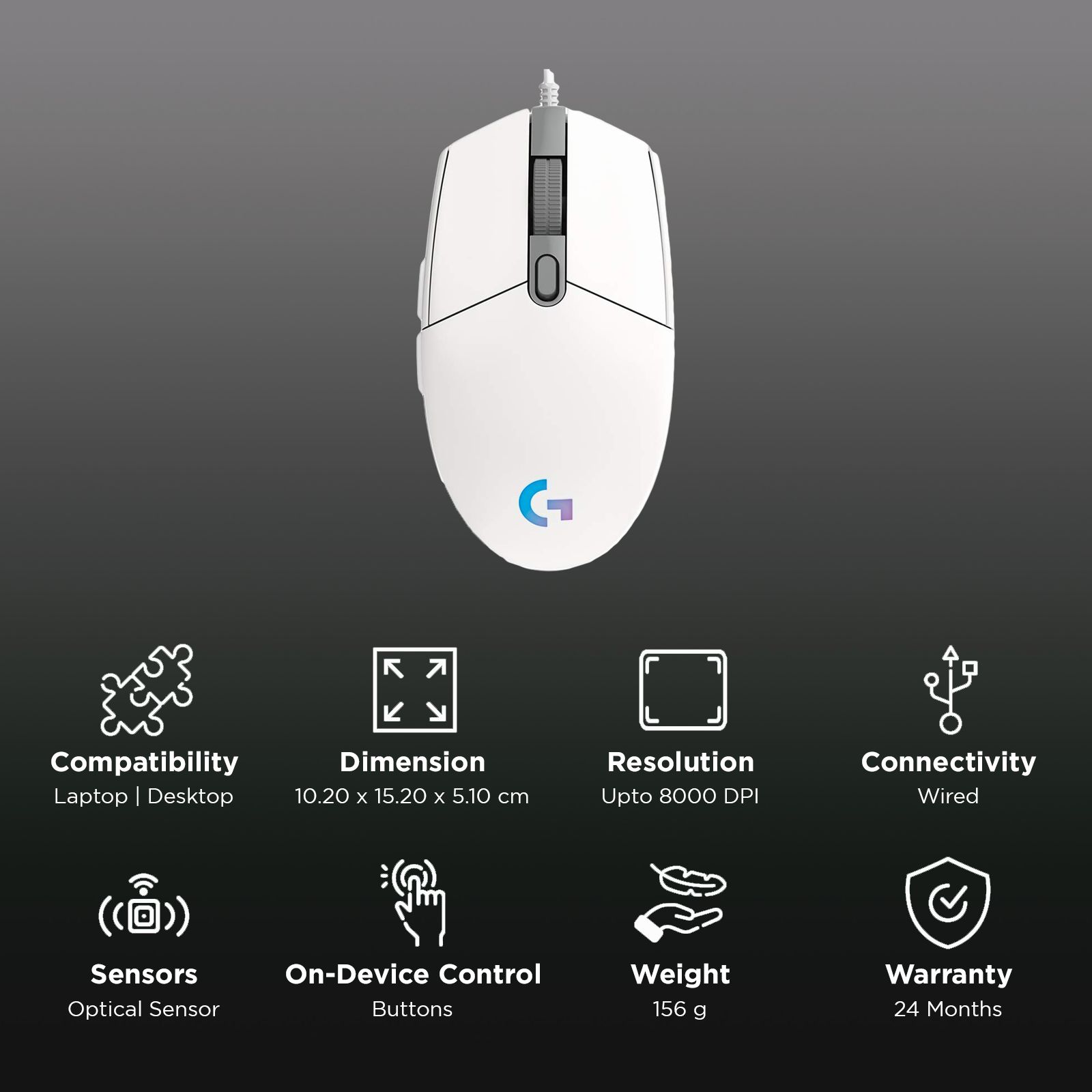logitech G203 Wired Mouse with Customizable Buttons (8000 DPI, LED Lights, White)_2