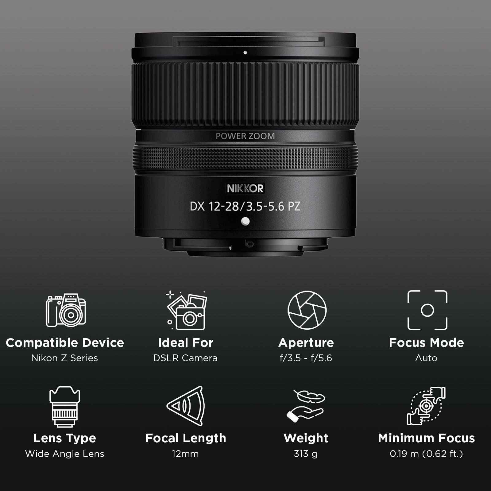 Nikon Nikkor Z DX 12 - 28 mm f/3.5-5.6 Wide Angle Lens (7 Rounded Diaphragm Opening, JMA719DA, Black) Nikon Nikkor Z DX 12 - 28 mm f/3.5-5.6 Wide Angle Lens (7 Rounded Diaphragm Opening, JMA719DA, Black)_2