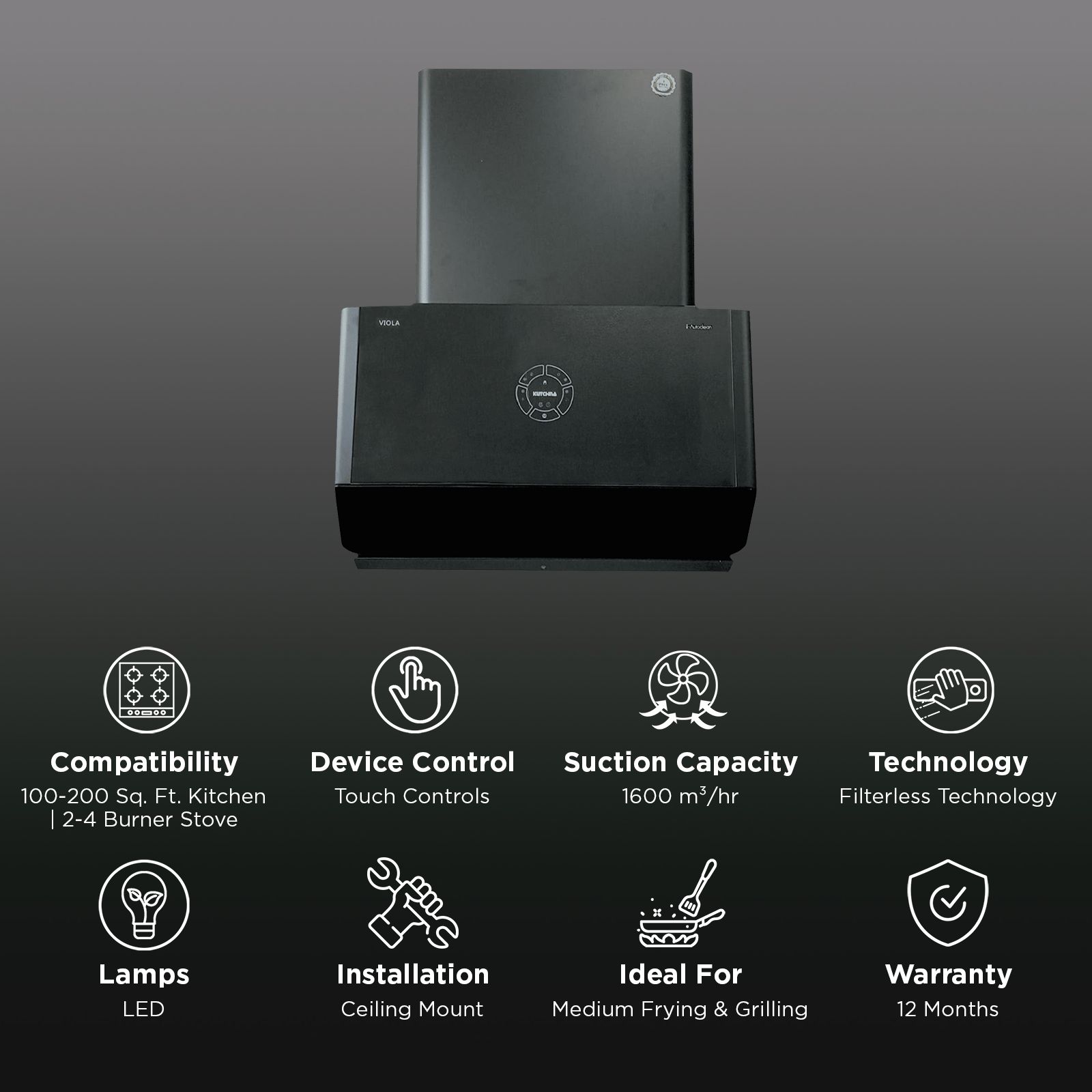 Kutchina VIOLA 70 70cm 1600m3/hr Ducted Auto Clean Ceiling Mounted Chimney with Wave Sensor Control (Black) Kutchina VIOLA 70 70cm 1600m3/hr Ducted Auto Clean Ceiling Mounted Chimney with Wave Sensor Control (Black)_3