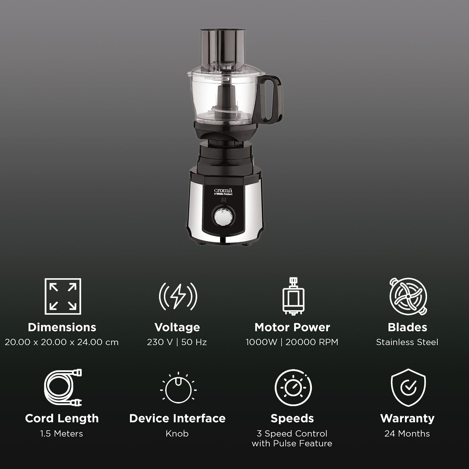 Croma 1000 Watt 5 Jars Mixer Grinder (20000 RPM, Inbuilt Overload Protection, Silver and Black)_2