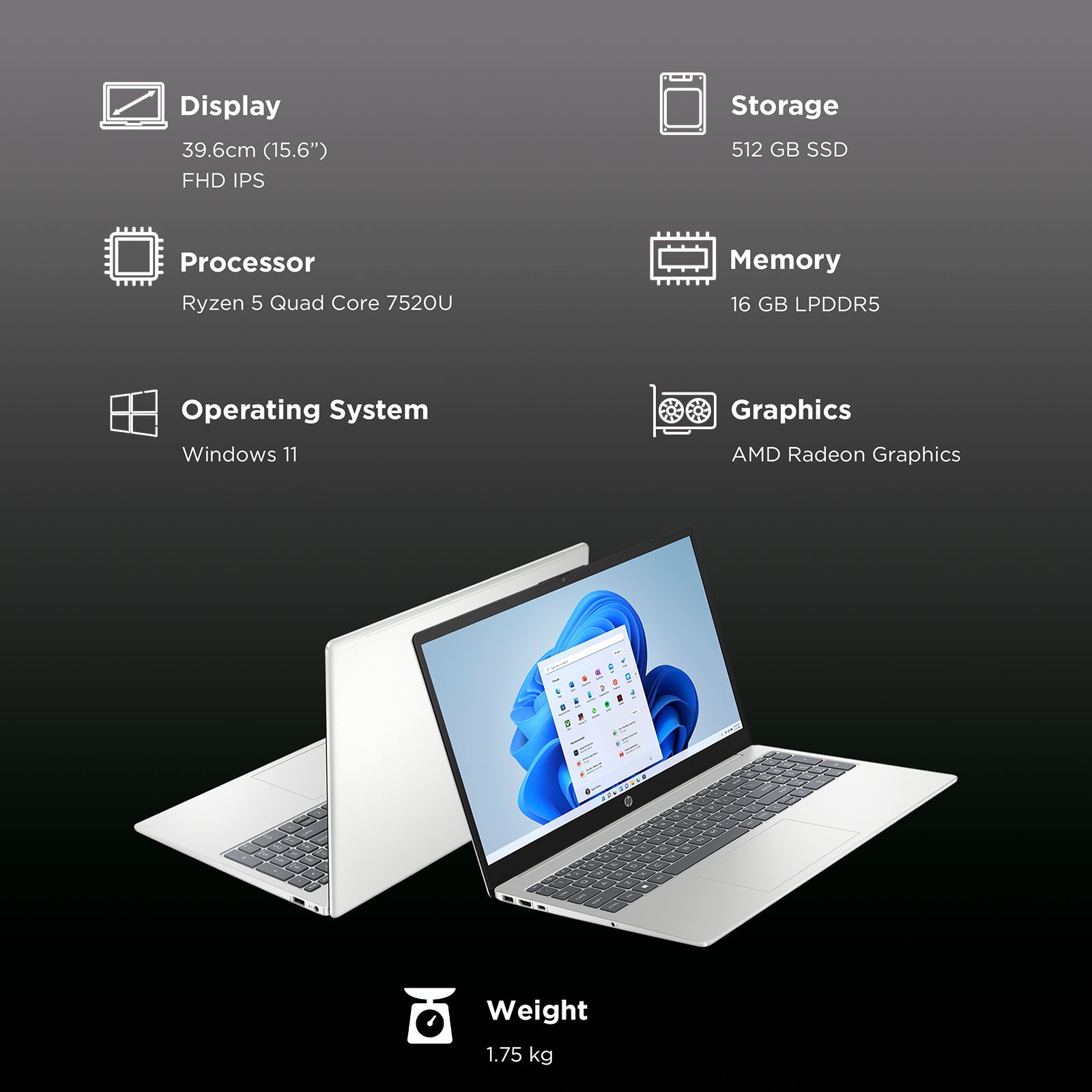 HP 15-FC0030AU AMD Ryen 5 Thin and Light Laptop (16GB, 512GB SSD, Windows 11 Home, 15.6 inch FHD IPS Display, MS Office 2021, Natural Silver, 1.75 KG)_3