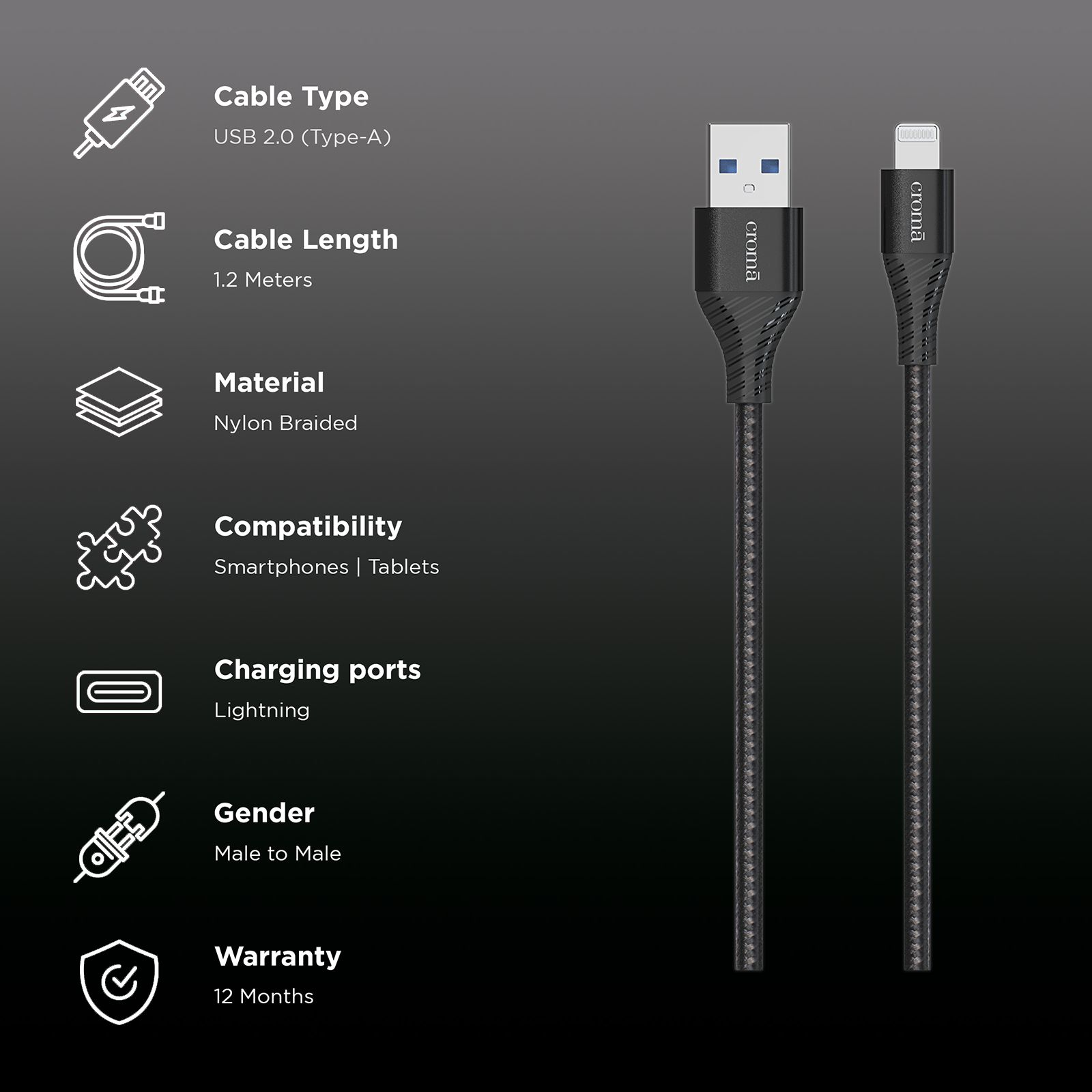 Croma Type A to Lightning 3.9 Feet (1.2M) Cable (Apple Certified, Black)_2