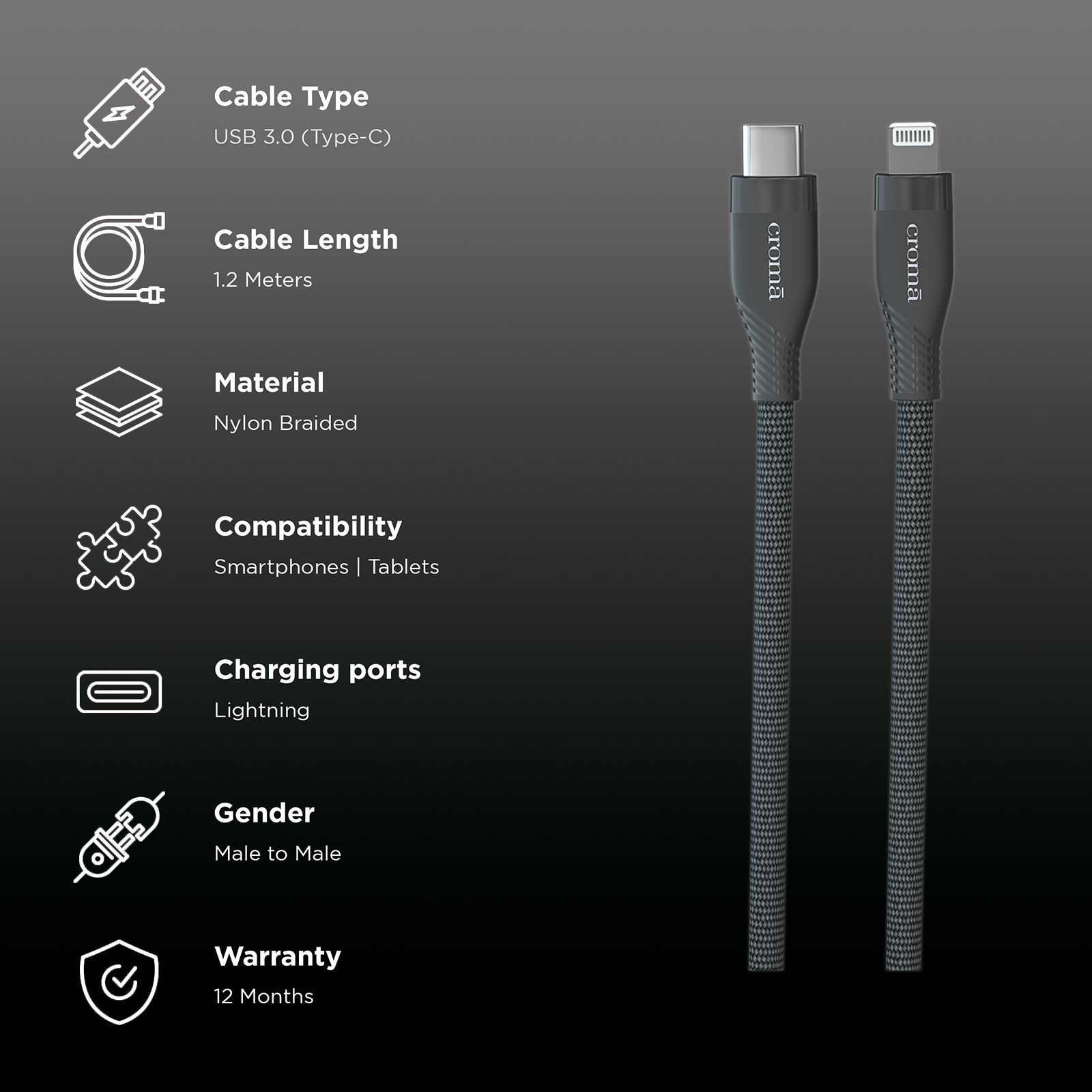 Croma Type C to Lightning 3.9 Feet (1.2M) Cable (Apple Certified, Black)_2