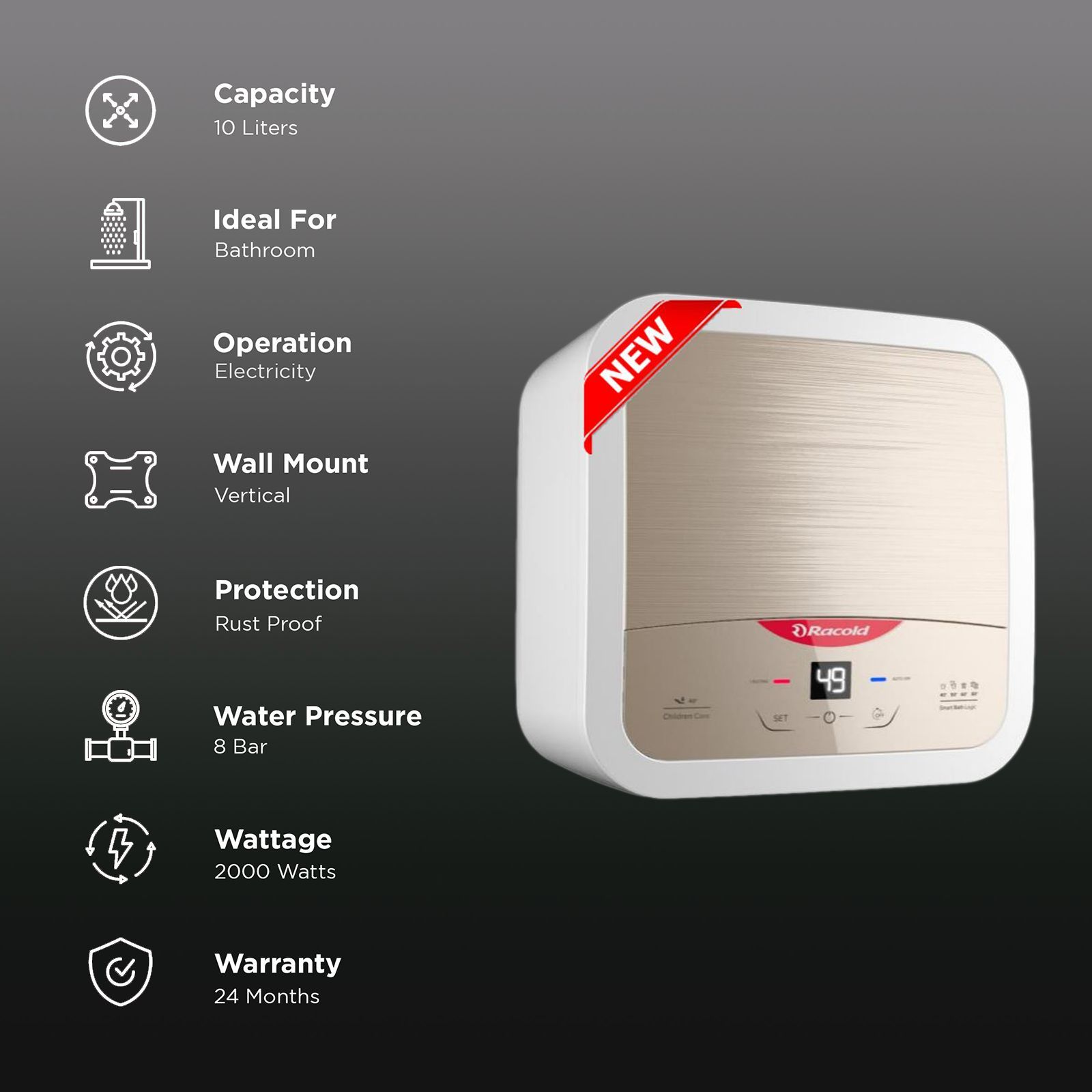 Racold Omnis DG 10 Litres 5 Star Vertical Storage Water Geyser with Built-in Thermostat (Sandstorm Gold)_3