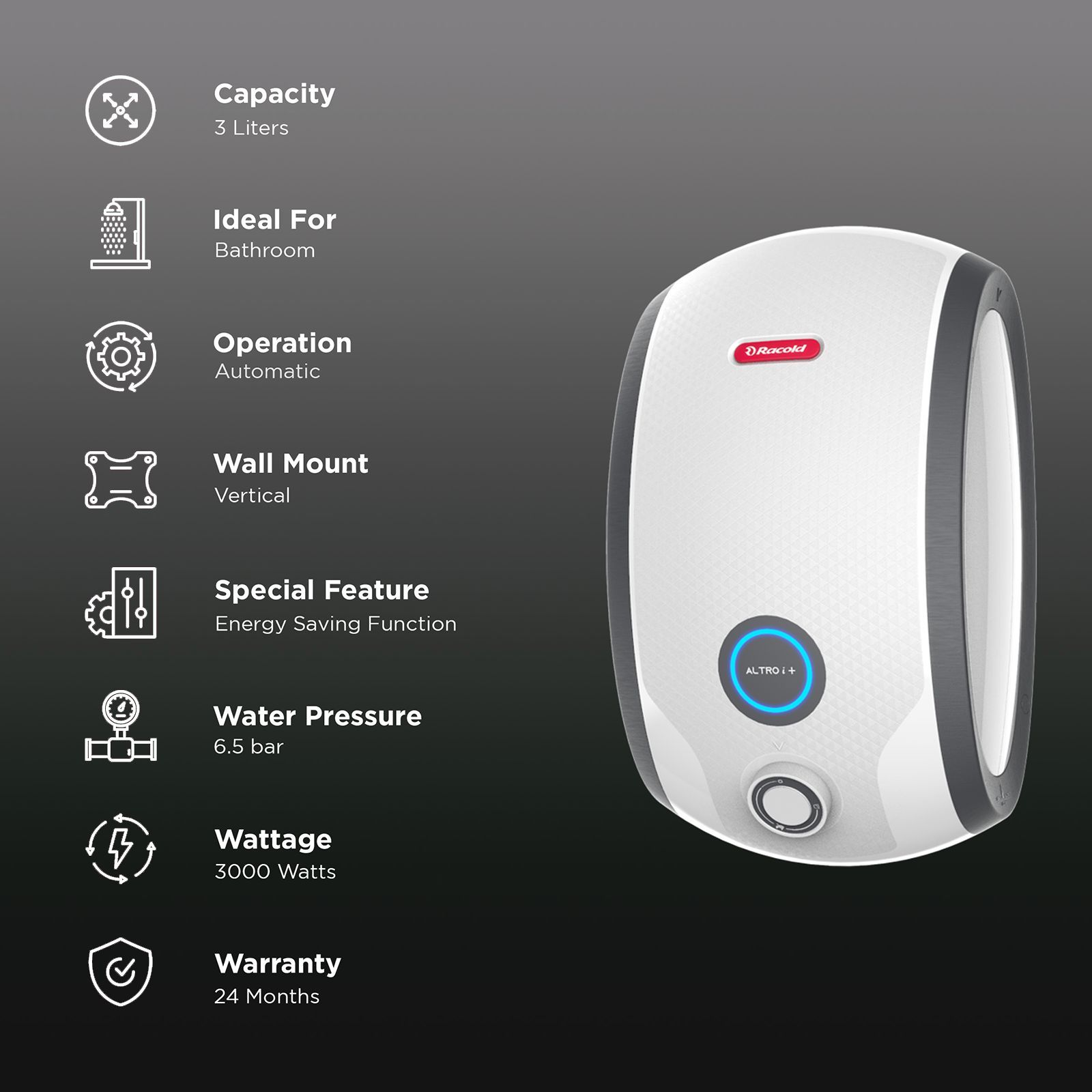 Racold Altro i Plus 3 Litres Instant Water Geyser (3000 Watts, 3803273, White and Grey) Racold Altro i Plus 3 Litres Instant Water Geyser (3000 Watts, 3803273, White and Grey)_3